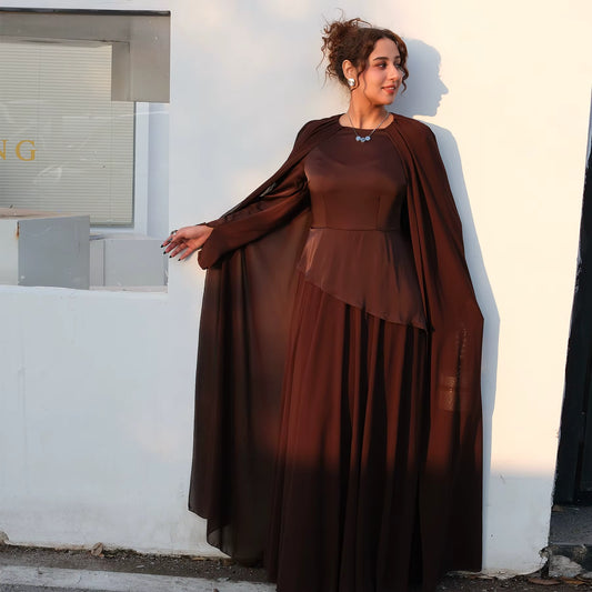 Ramadan Elegant Abaya with Sheer Cape Sleeves – Modest Evening Dress