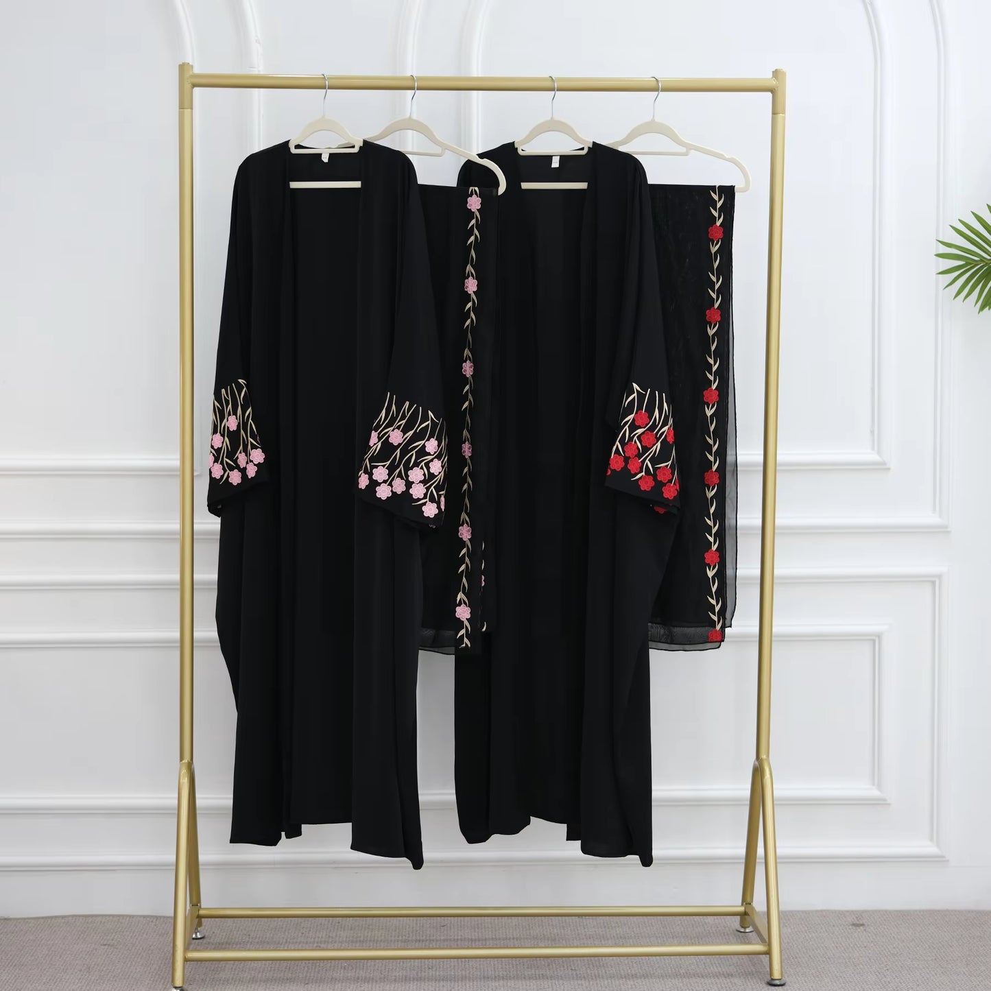 Loriya Floral Embroidered Open Abaya Set – 2PCS Modest Islamic Dress with Hijab