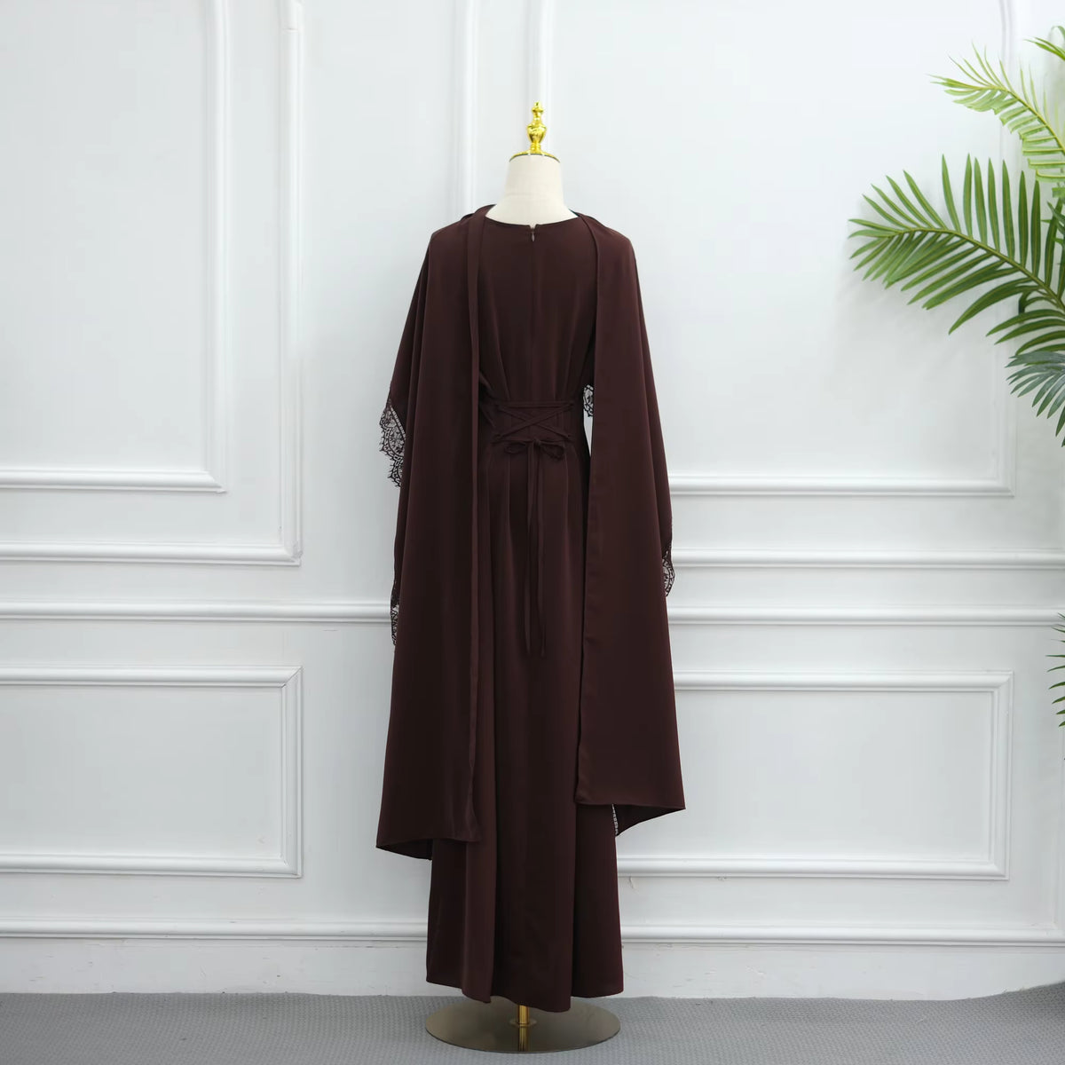 Elegant Lace Trim Cape Overlay Abaya Dress