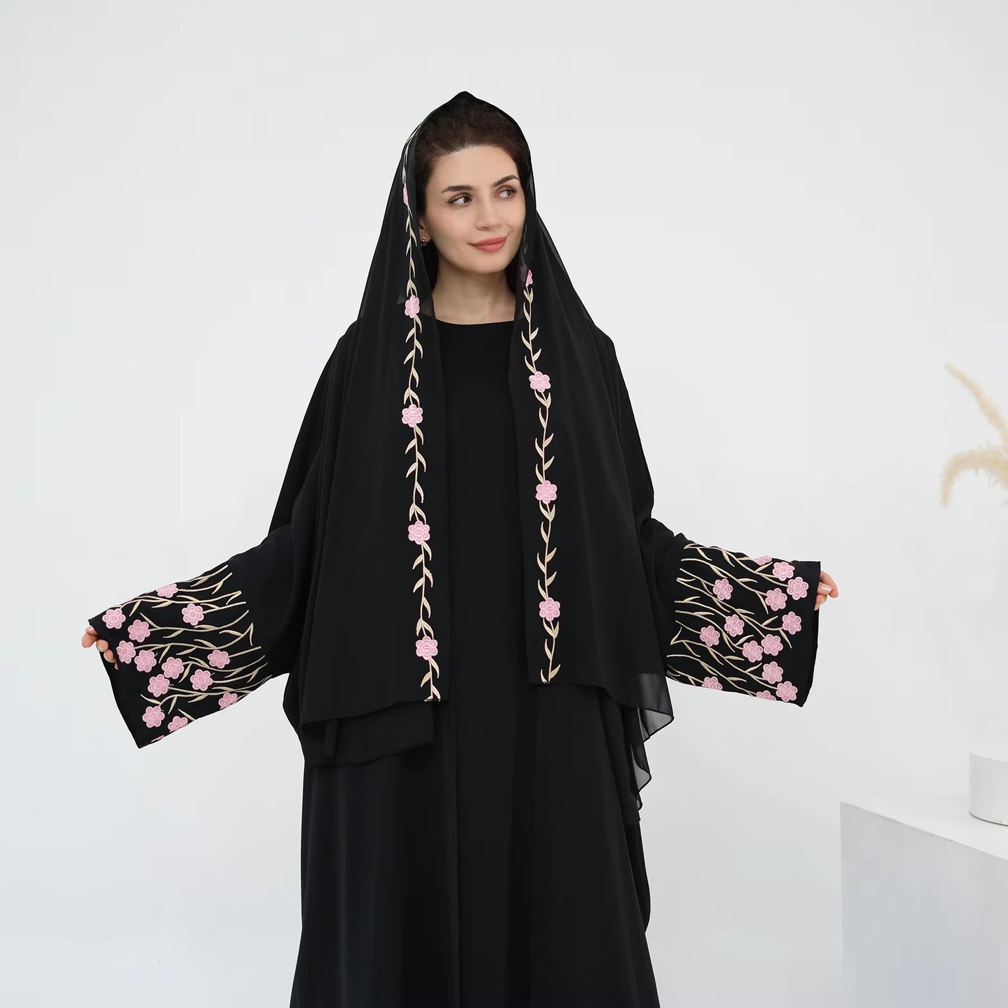 Loriya Floral Embroidered Open Abaya Set – 2PCS Modest Islamic Dress with Hijab