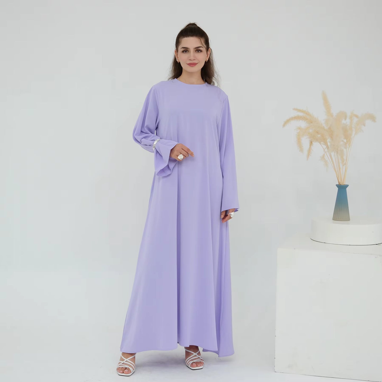 Eid Modest Nida Closed Abaya Long Sleeve Maxi Dress with Belt