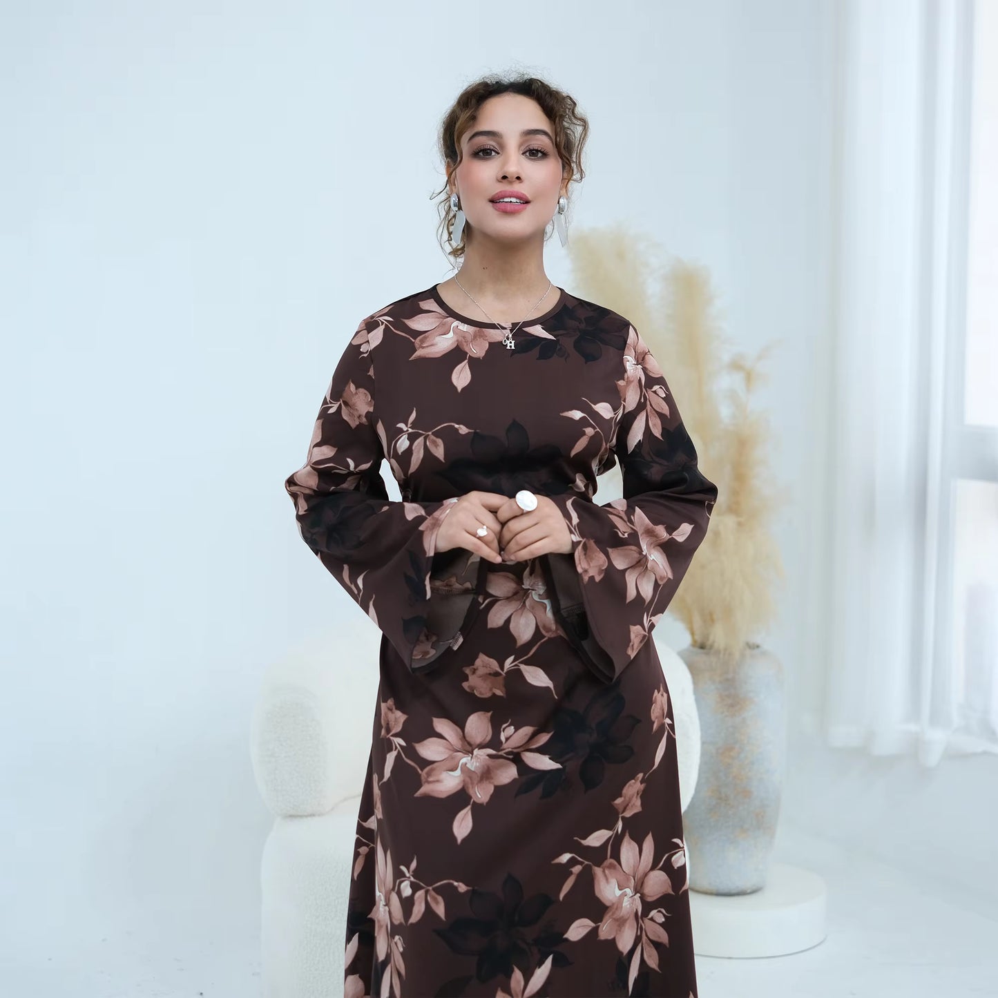 Floral Print Modest Maxi Dress with Drawstring Waist
