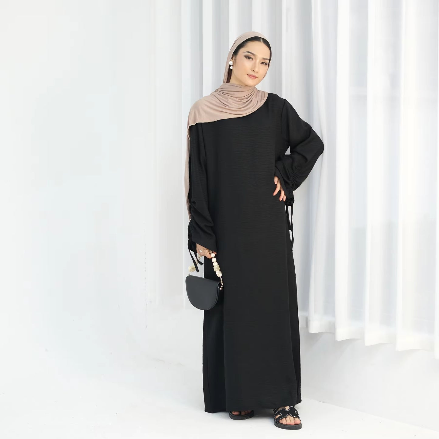 Nura Ruched Sleeve Closed Abaya – Breathable Everyday Modest Dress