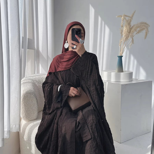 Brown Textured Open Front Abaya – Elegant Modest Islamic Cardigan for Women
