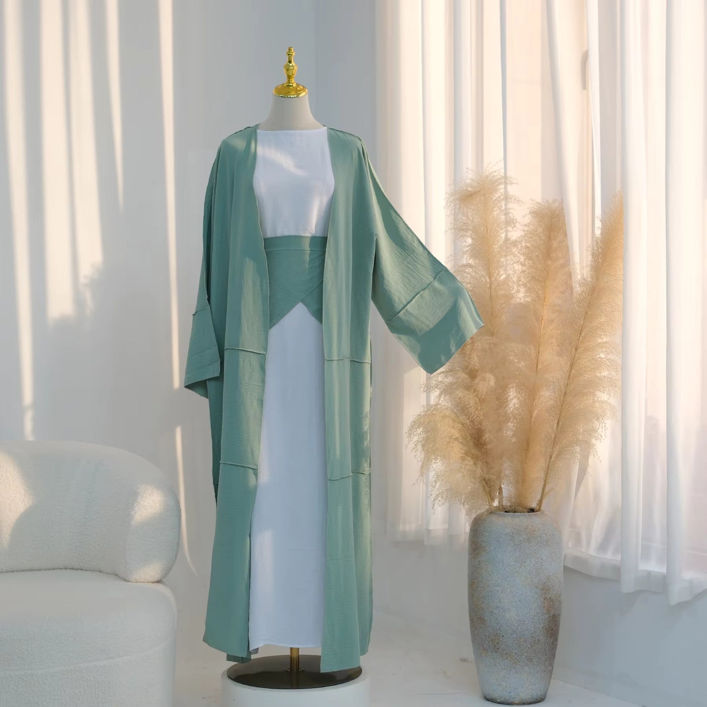 2-Piece Open Abaya Set – Daily Wear Muslim Dress with Wrap