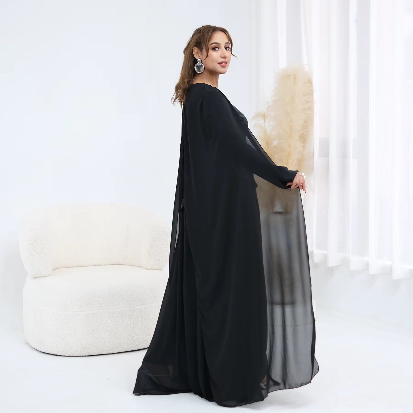 Ramadan Elegant Abaya with Sheer Cape Sleeves – Modest Evening Dress