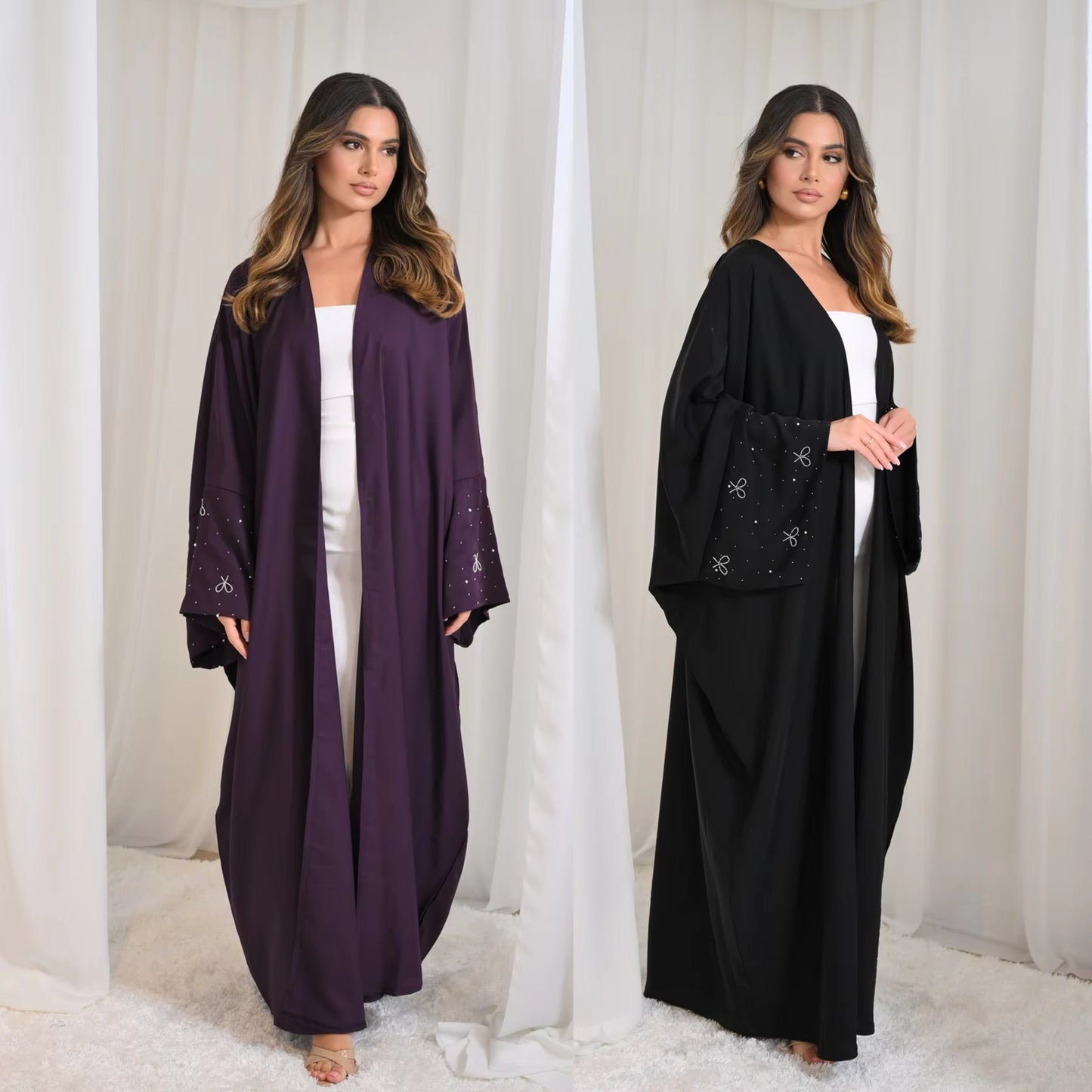 Elegant Nida Rhinestone Dubai Abaya – Modest Islamic Cardigan Abaya for Women