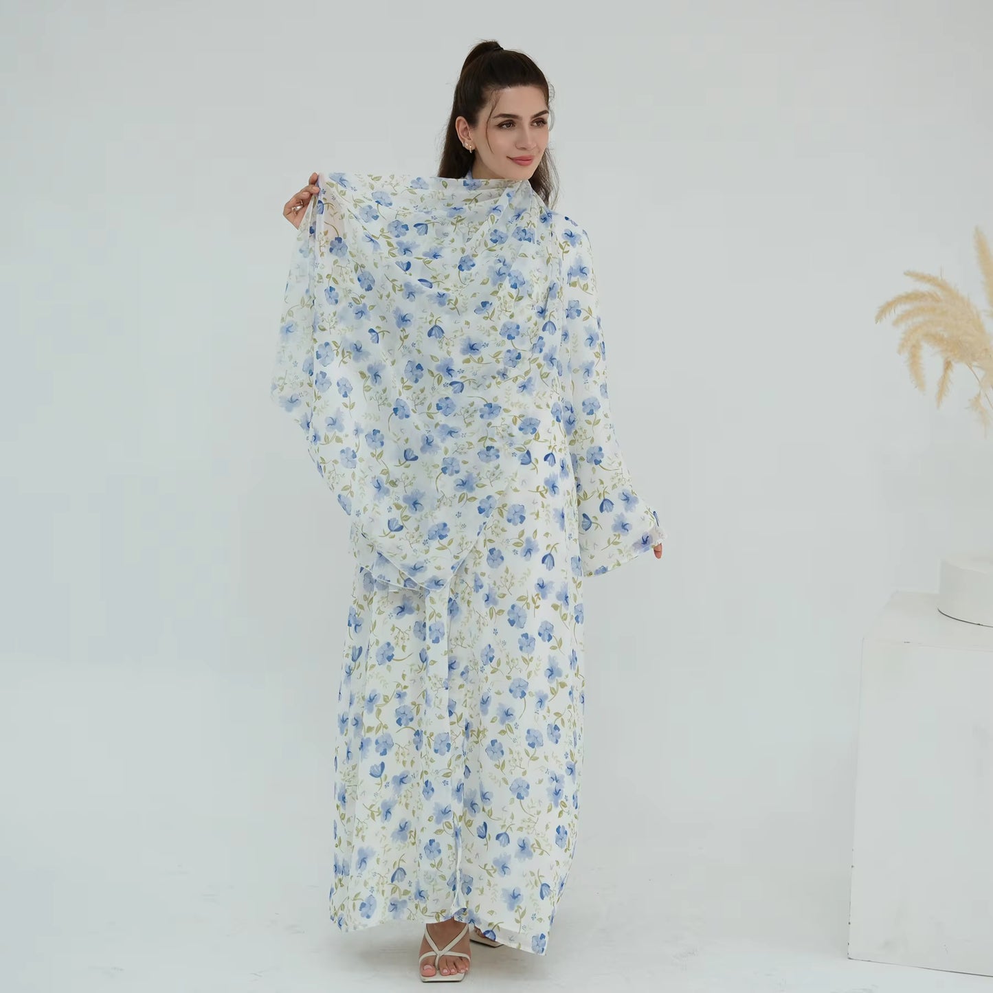 Elegant Printed Open Abaya Set – Lightweight Chiffon with Hijab