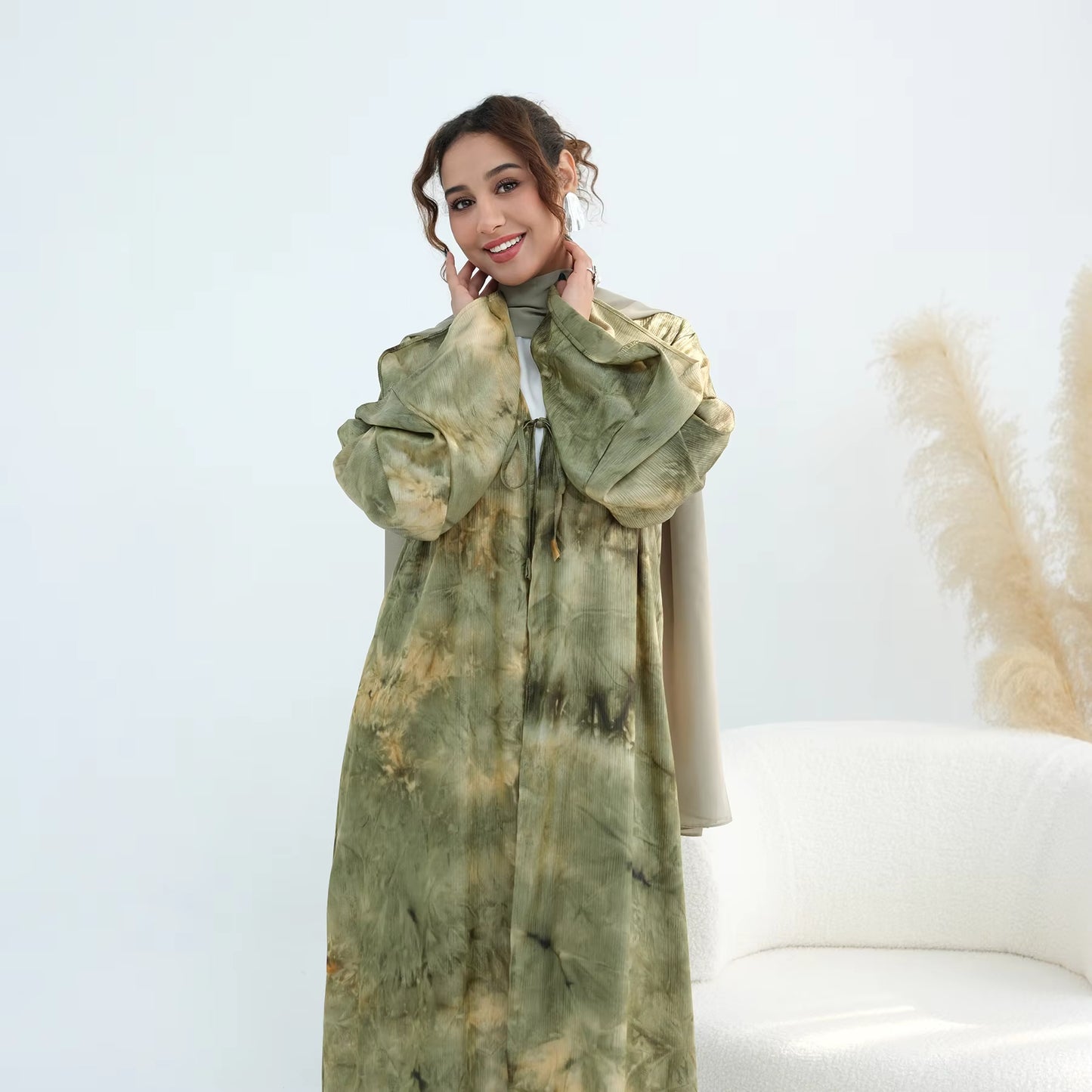 Satin Marble Print Abaya with Bow Tie Detail