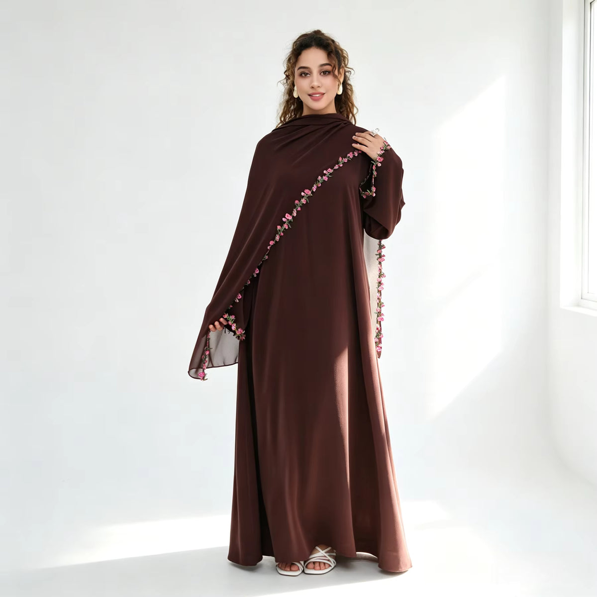 Amira Floral Embroidered Nida Abaya With Matching Hijab Set