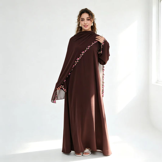 Amira Floral Embroidered Nida Abaya With Matching Hijab Set