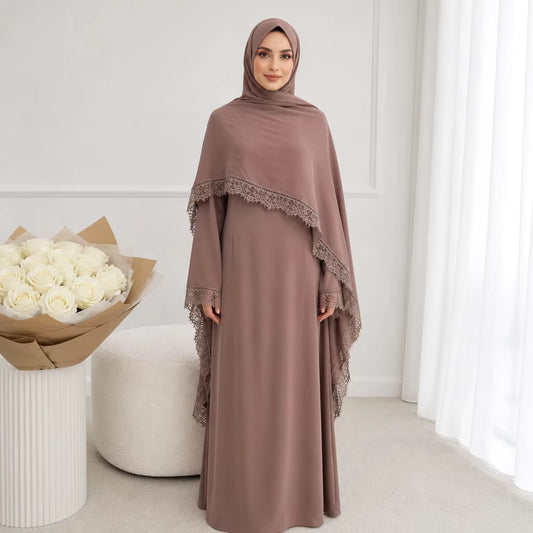 Elegant Lace Trim Cape Overlay Abaya Dress