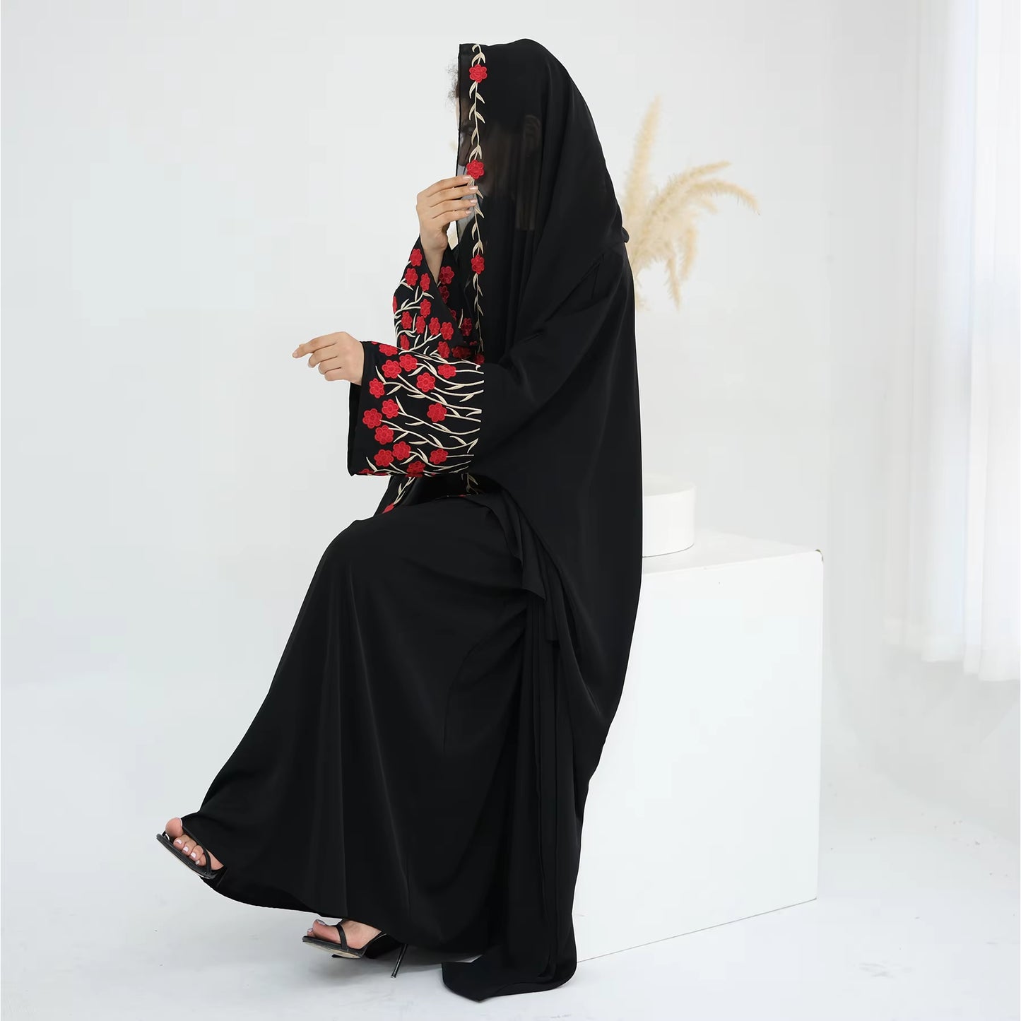 Loriya Floral Embroidered Open Abaya Set – 2PCS Modest Islamic Dress with Hijab