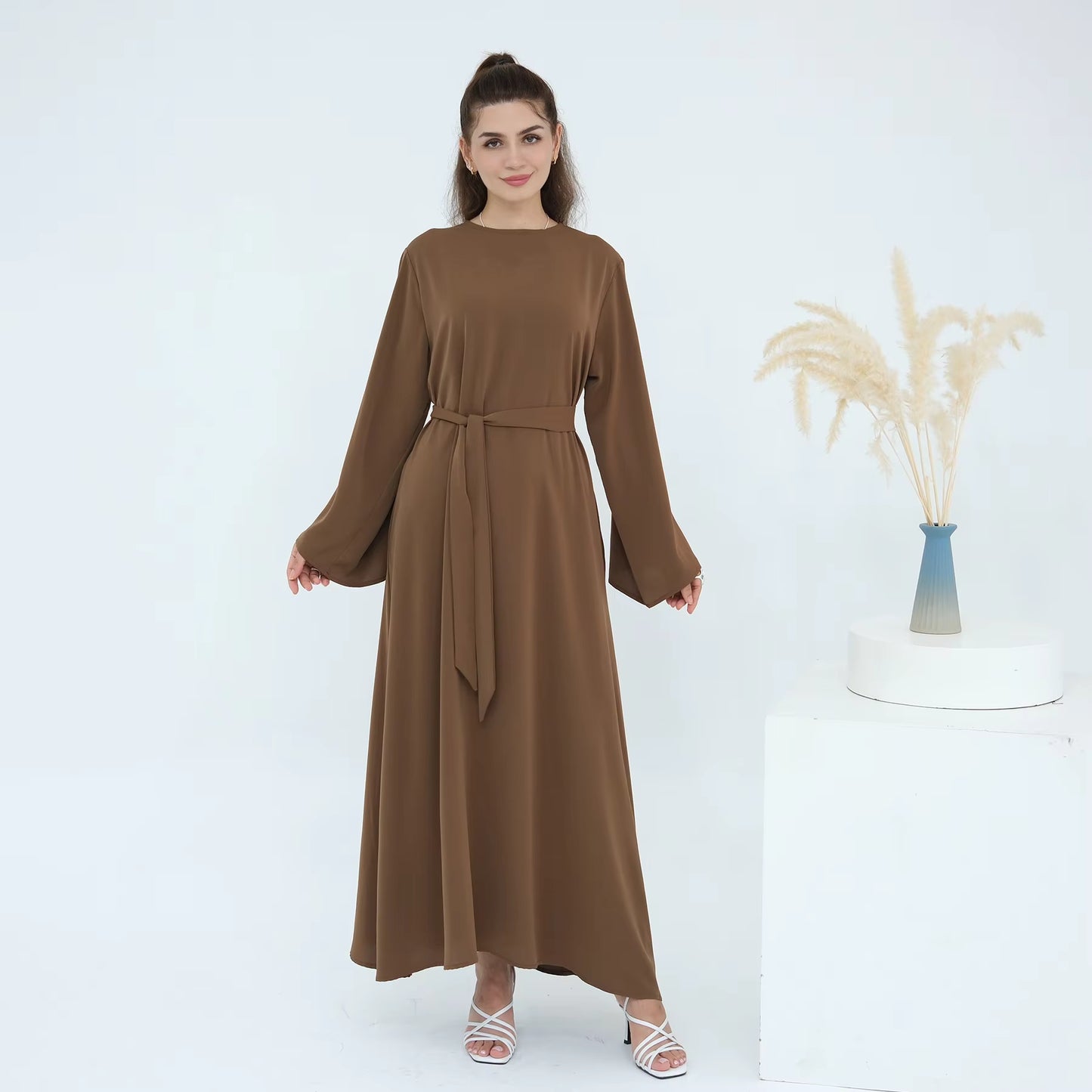 Eid Modest Nida Closed Abaya Long Sleeve Maxi Dress with Belt
