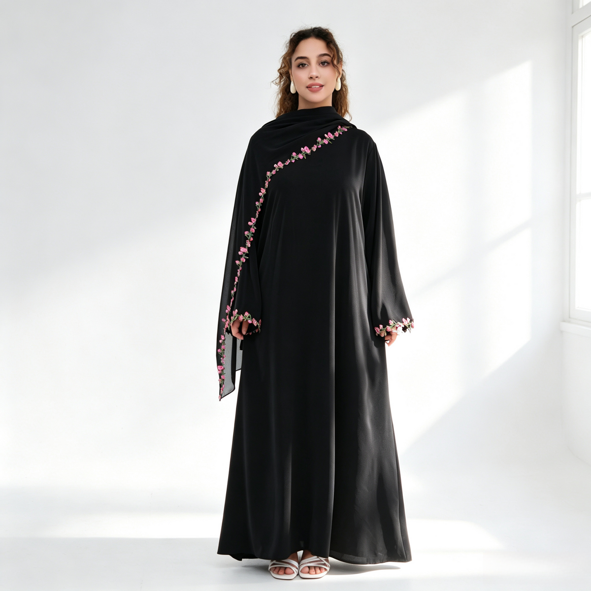 Amira Floral Embroidered Nida Abaya With Matching Hijab Set