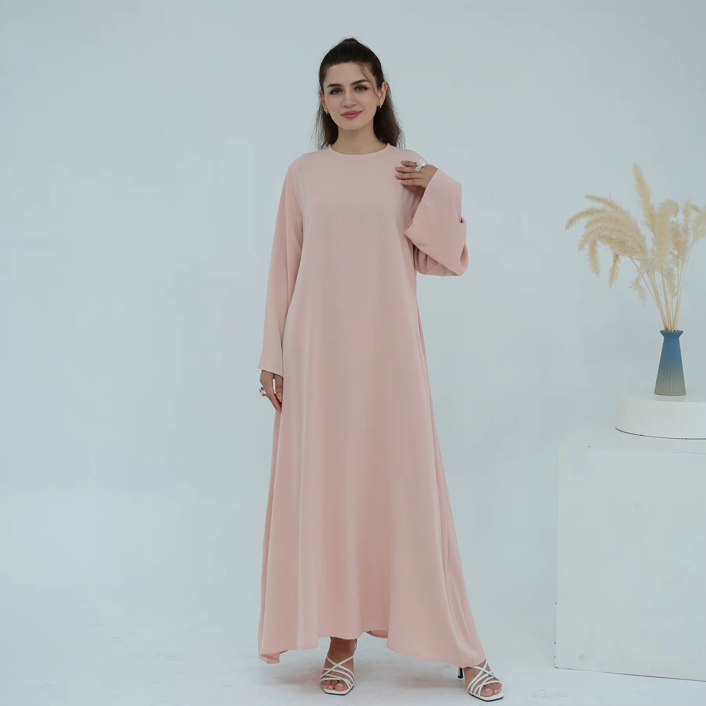 Eid Modest Nida Closed Abaya Long Sleeve Maxi Dress with Belt