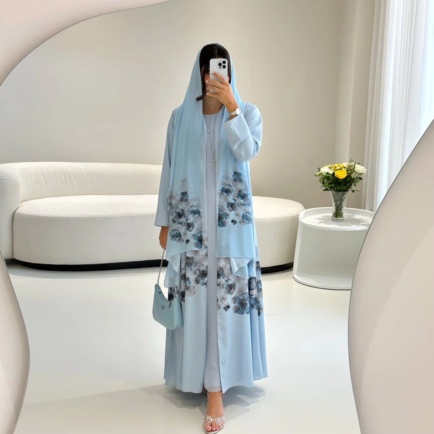 Printed Chiffon & Satin Open Abaya with Hijab – Elegant Ramadan & Eid Modest Dress