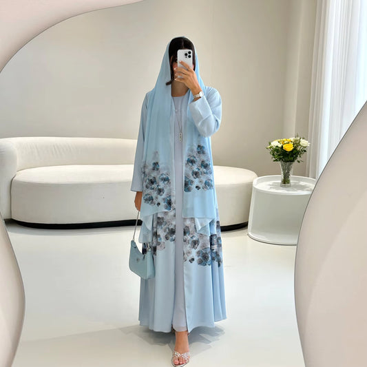 Printed Chiffon & Satin Open Abaya with Hijab – Elegant Ramadan & Eid Modest Dress