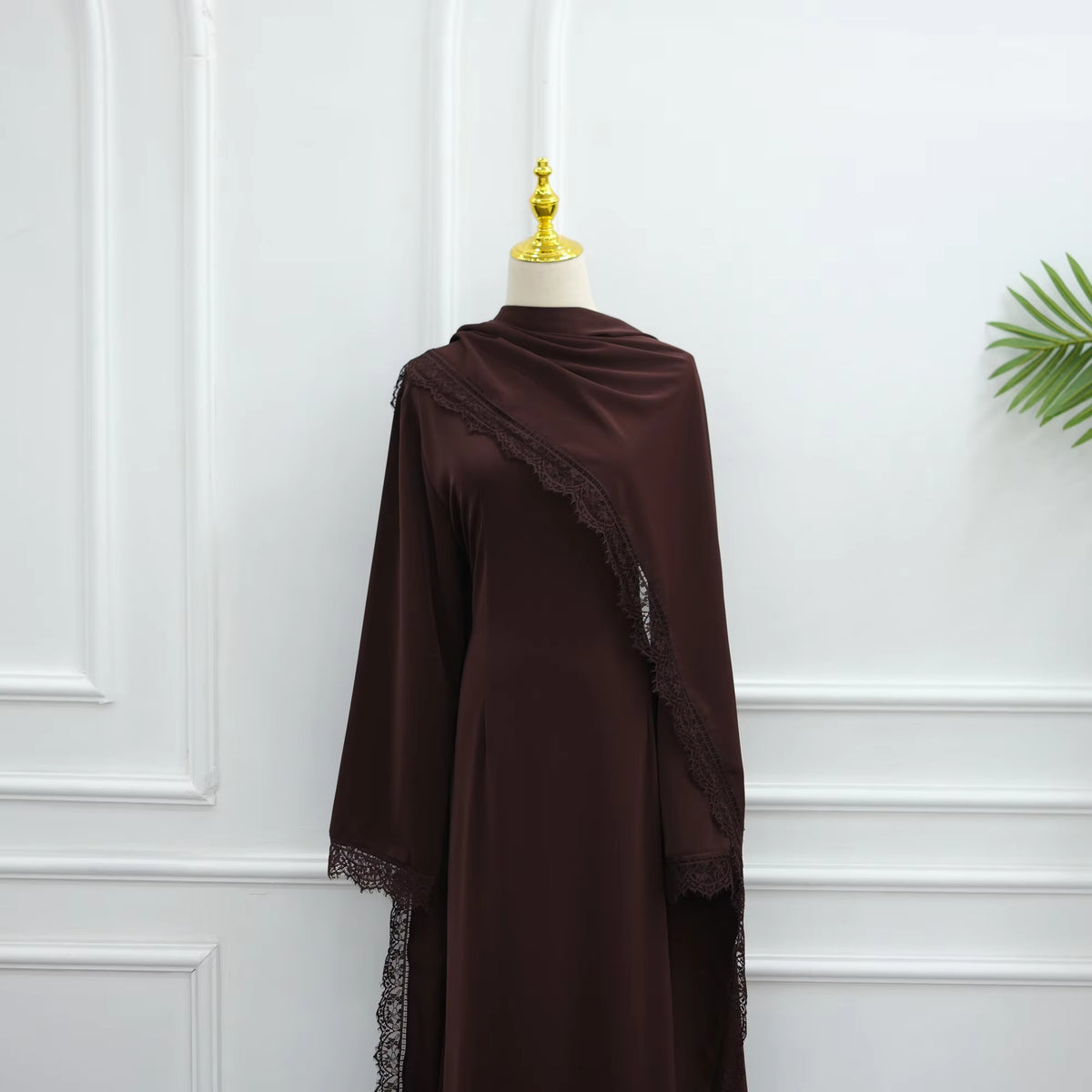 Elegant Lace Trim Cape Overlay Abaya Dress