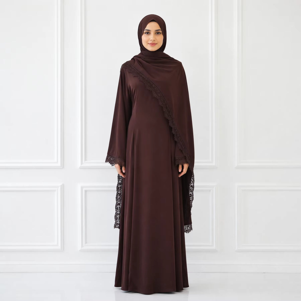 Elegant Lace Trim Cape Overlay Abaya Dress