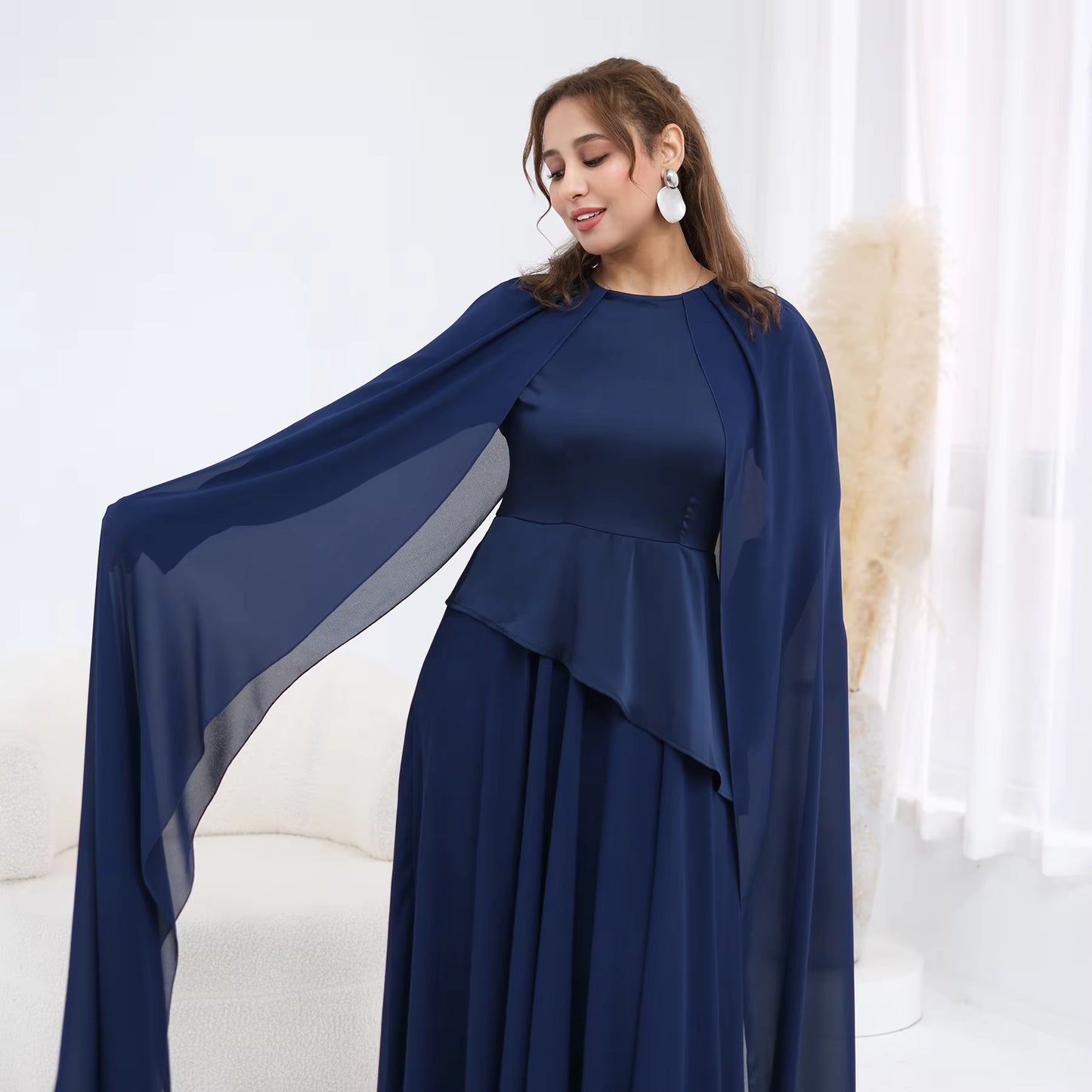Ramadan Elegant Abaya with Sheer Cape Sleeves – Modest Evening Dress