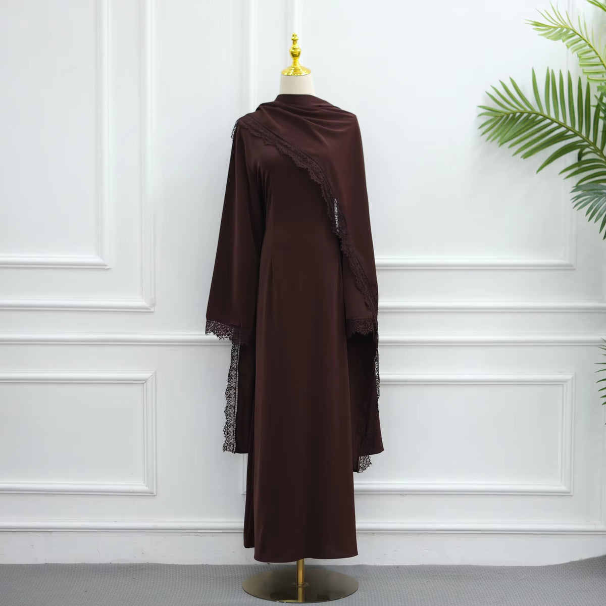 Elegant Lace Trim Cape Overlay Abaya Dress