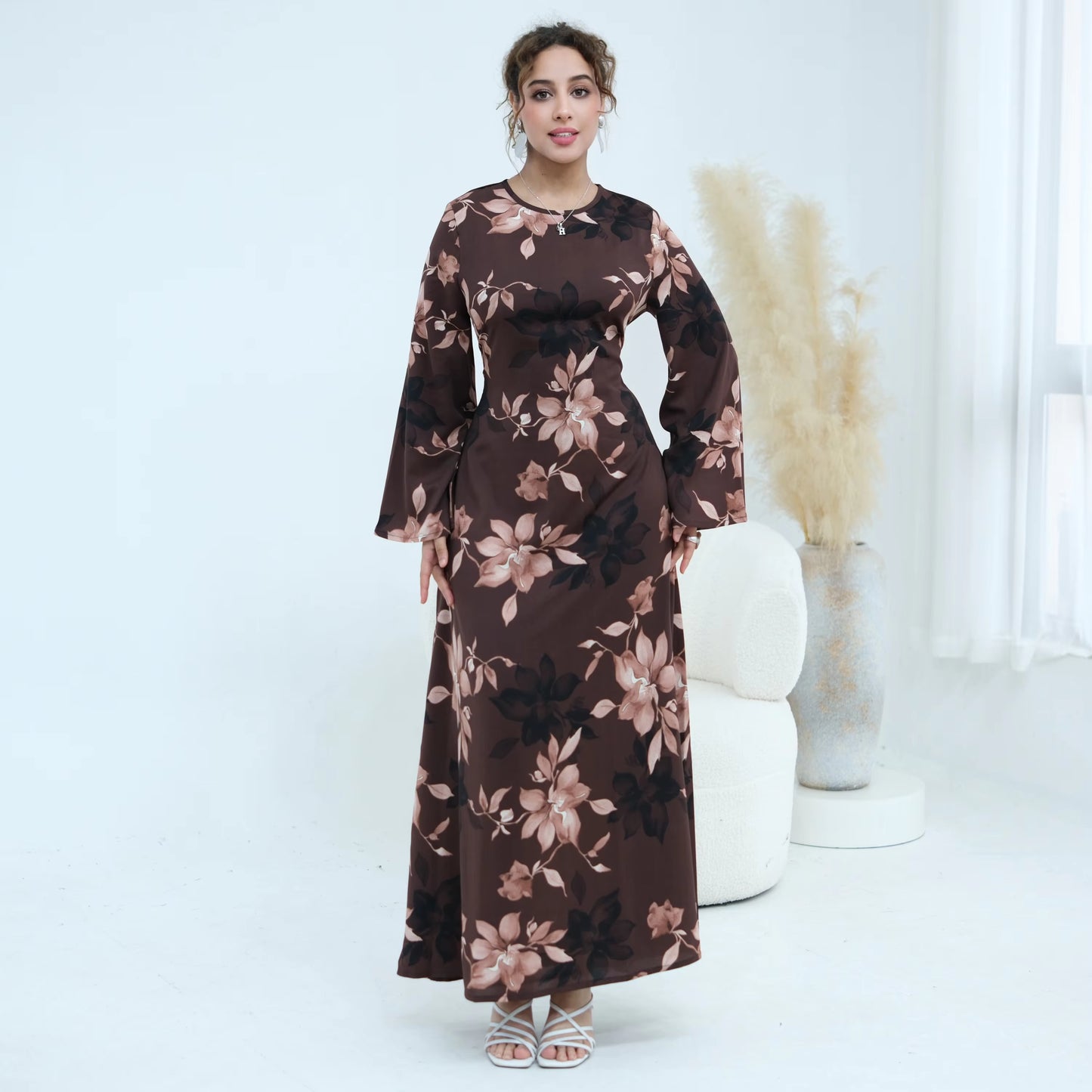 Floral Print Modest Maxi Dress with Drawstring Waist
