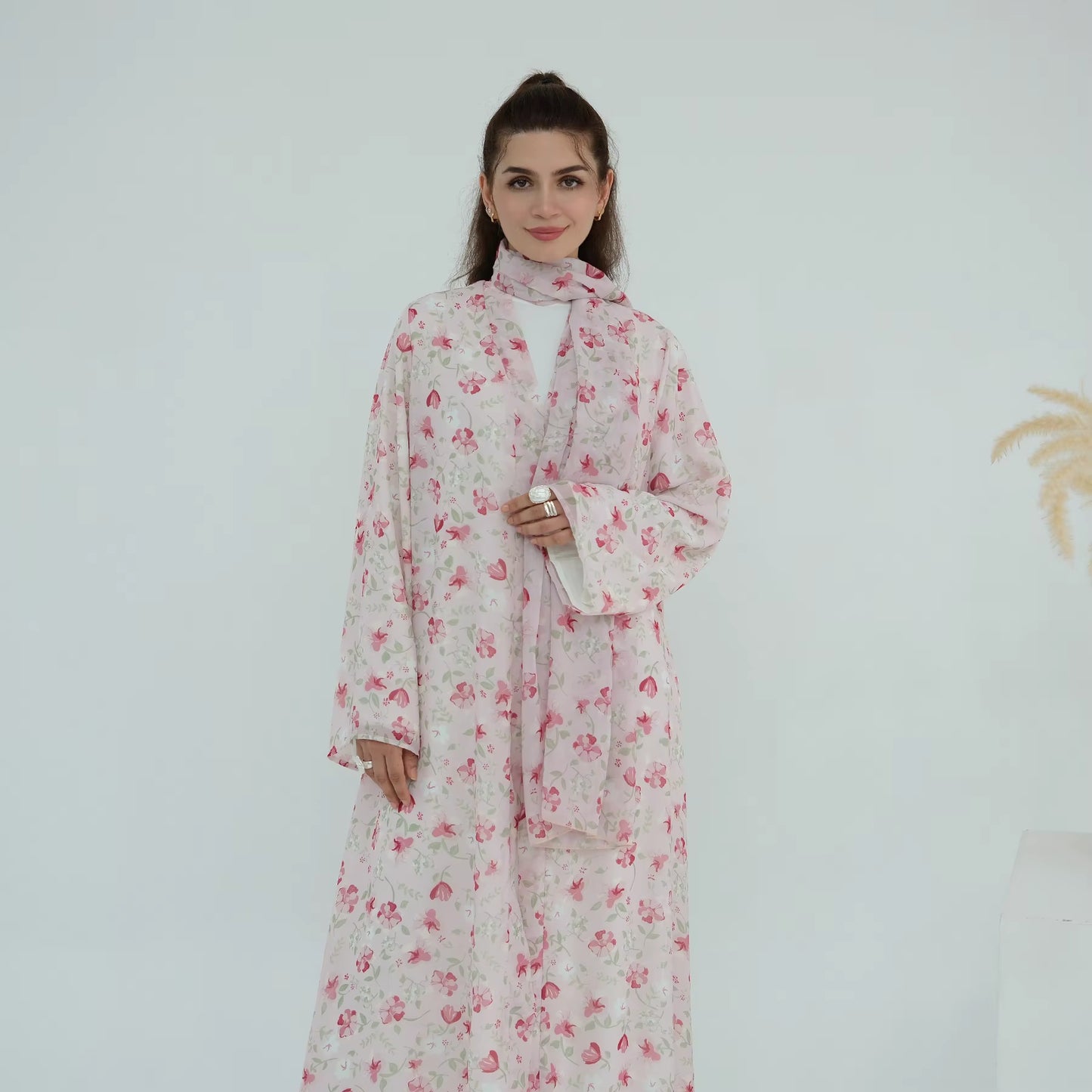 Elegant Printed Open Abaya Set – Lightweight Chiffon with Hijab