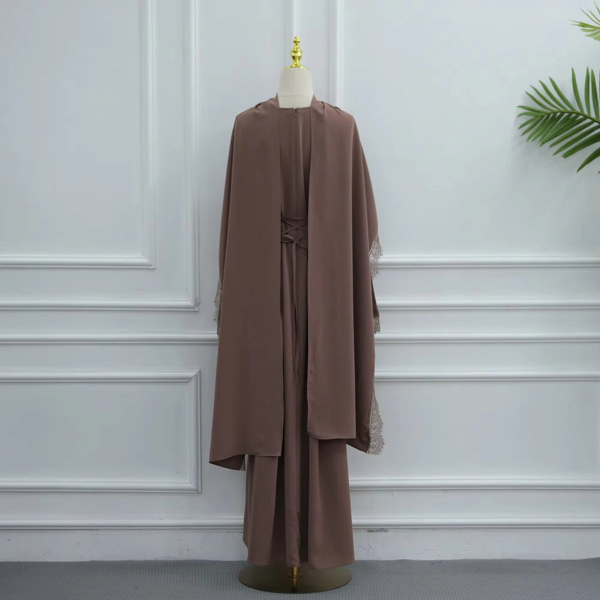 Elegant Lace Trim Cape Overlay Abaya Dress