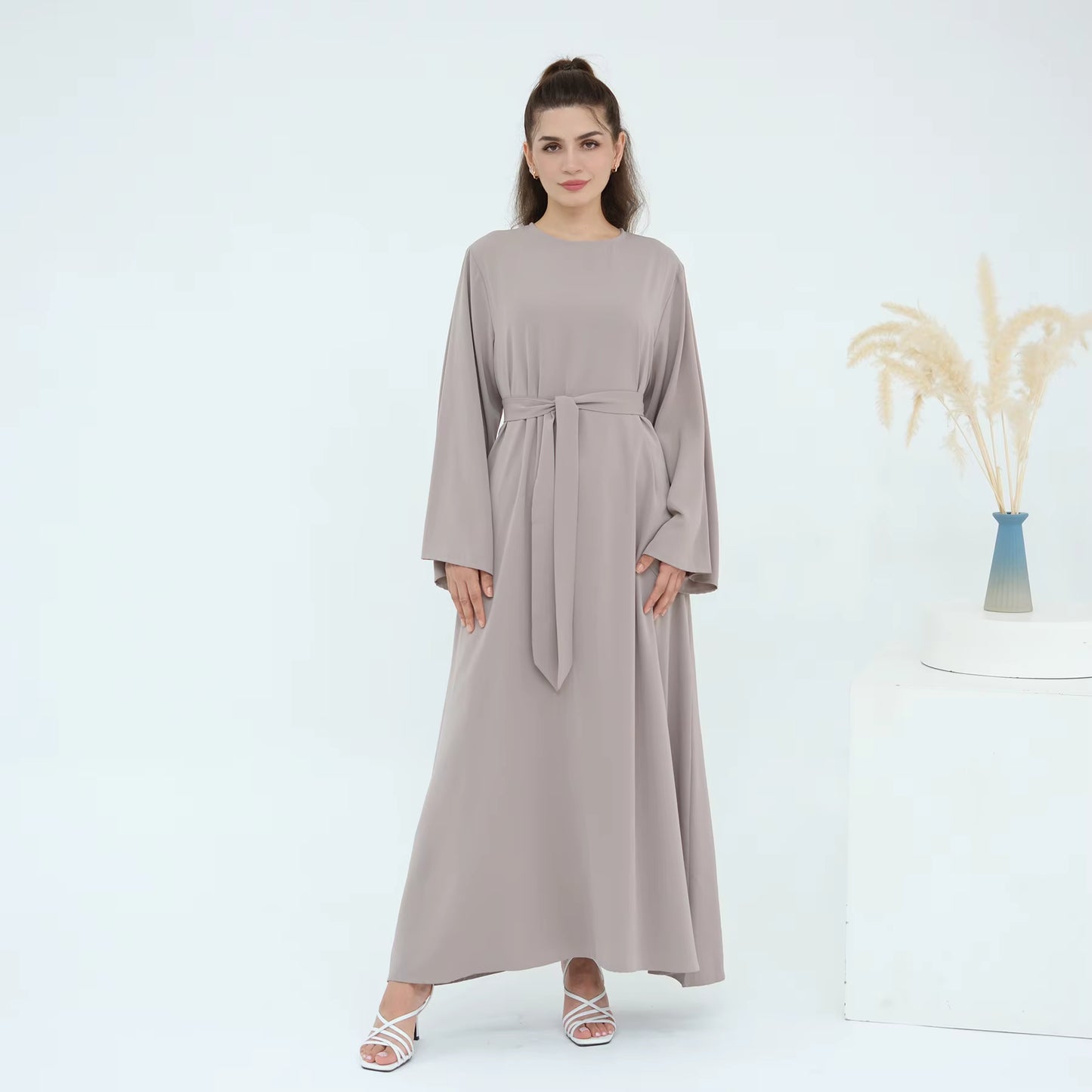 Eid Modest Nida Closed Abaya Long Sleeve Maxi Dress with Belt