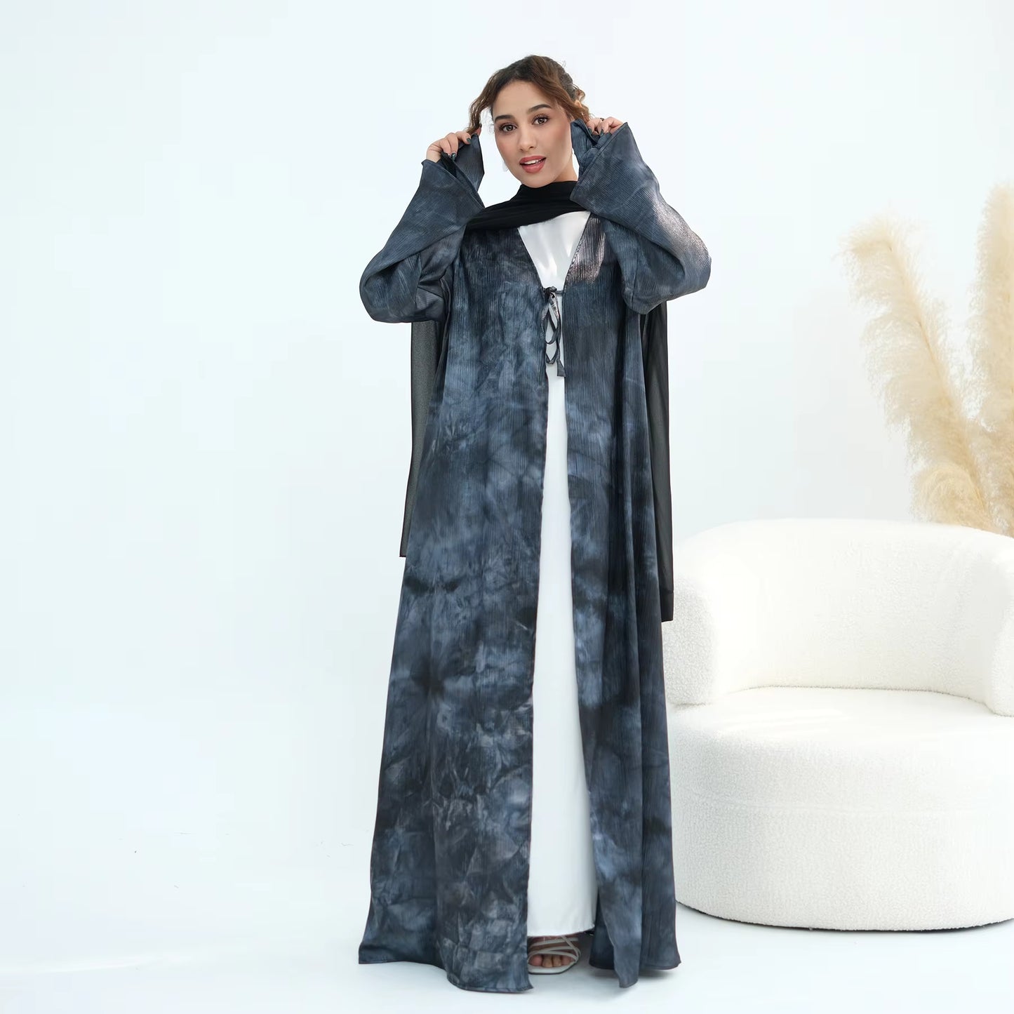 Satin Marble Print Abaya with Bow Tie Detail