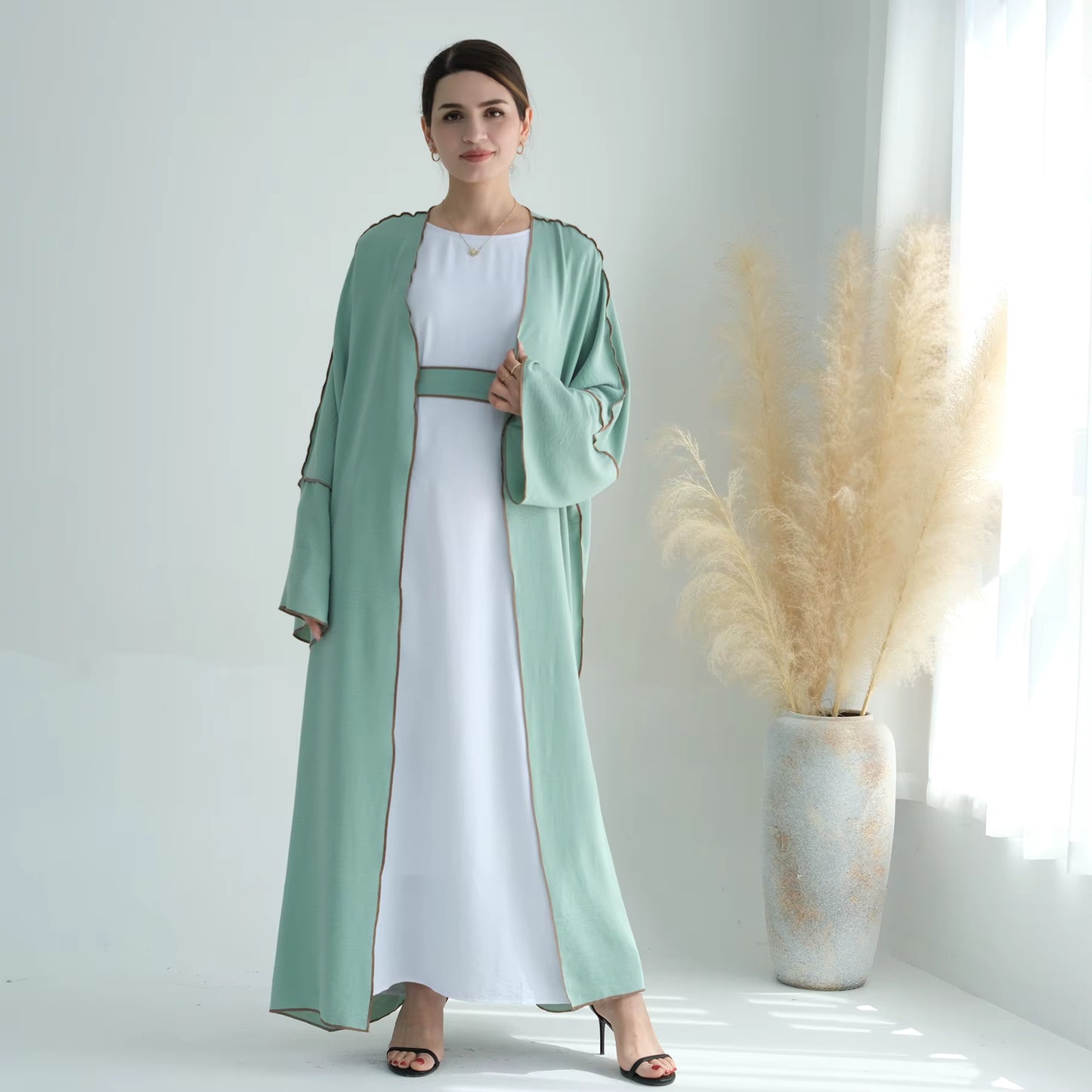 Modest 2-Piece Abaya Set – Soft Crepe Open Front Kimono Cardigan with Hijab Scarf