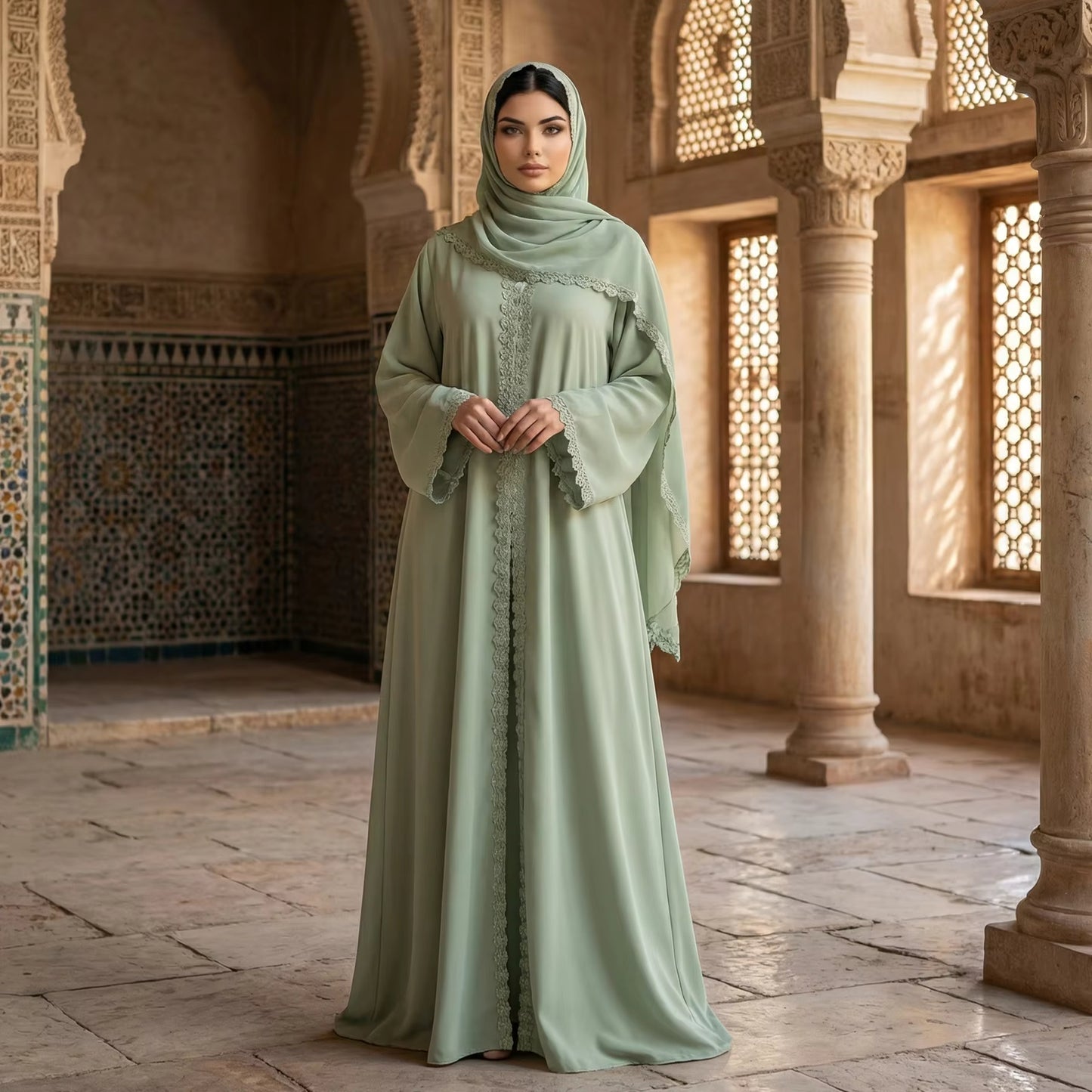 Nida Lace Flower Open Abaya with Hijab