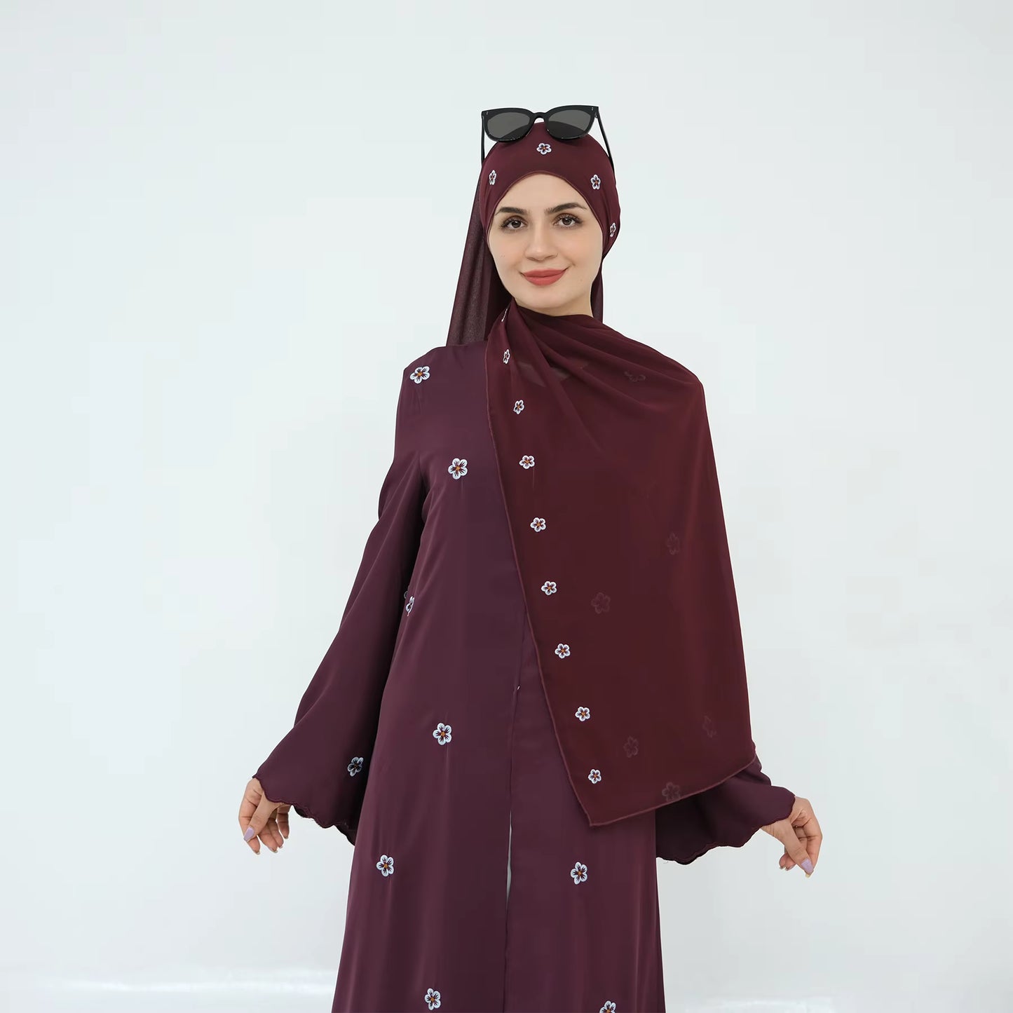 Luxury Floral Embroidered Open Abaya 2-Piece Set – Nida Fabric | Modest Muslim Women Dress