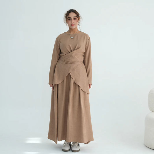 Elegant 2-Piece Abaya Set – Cross Top & Modest Skirt