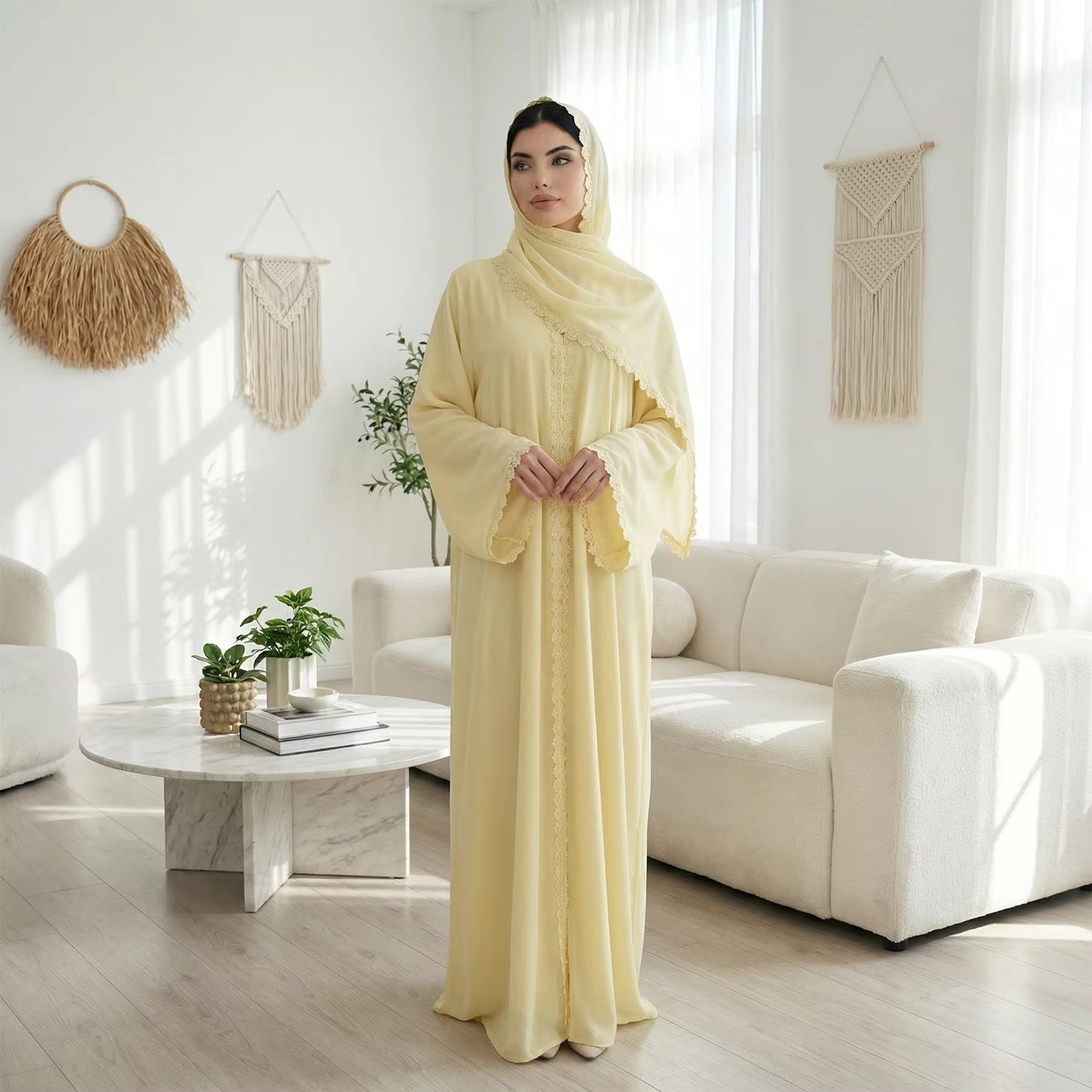 Nida Lace Flower Open Abaya with Hijab