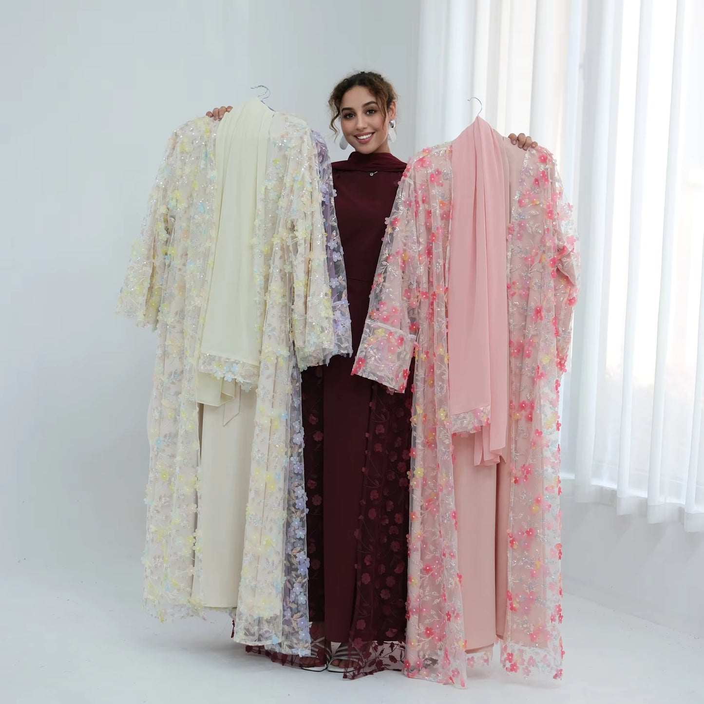 3D Floral Lace Abaya Set – 3 Piece