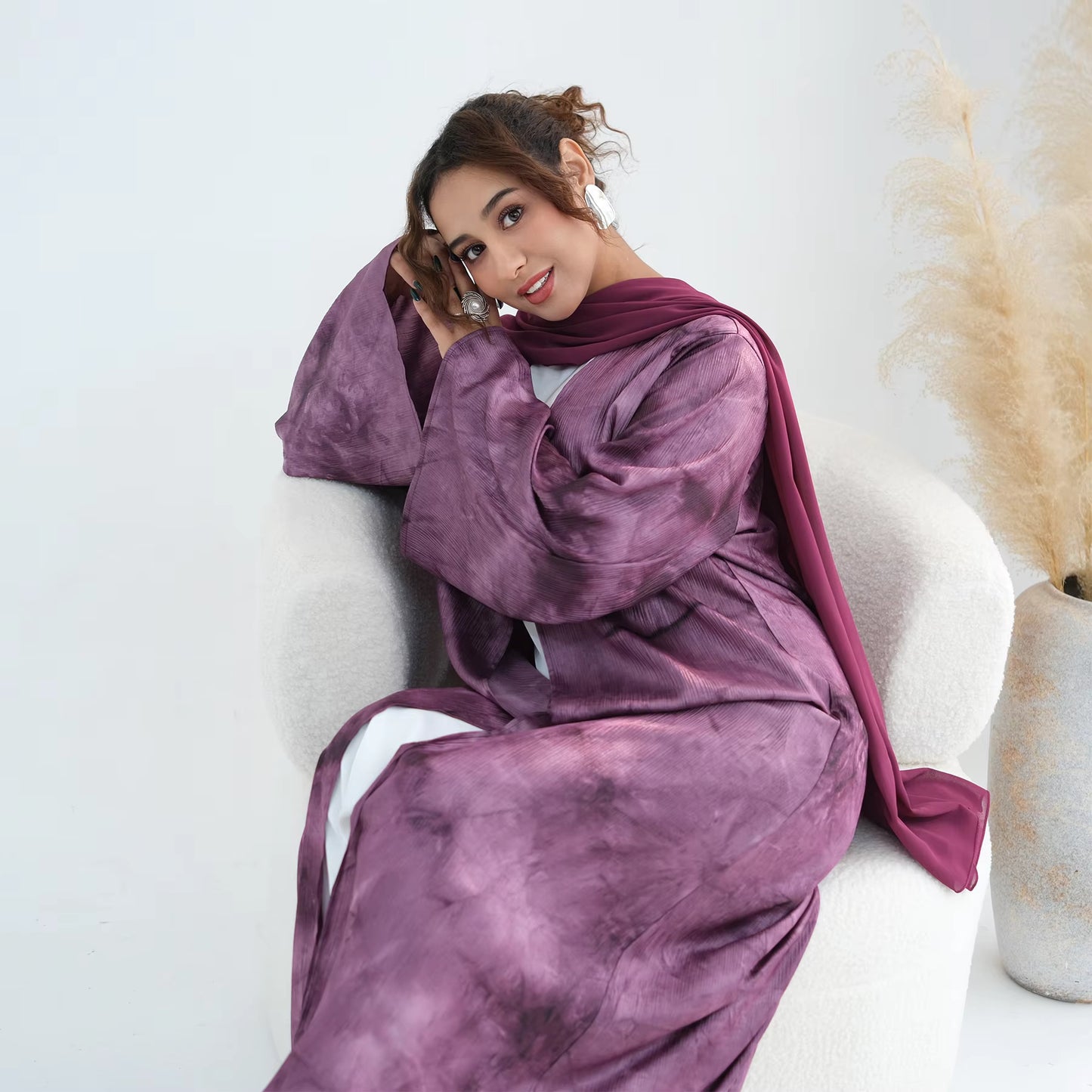 Satin Marble Print Abaya with Bow Tie Detail
