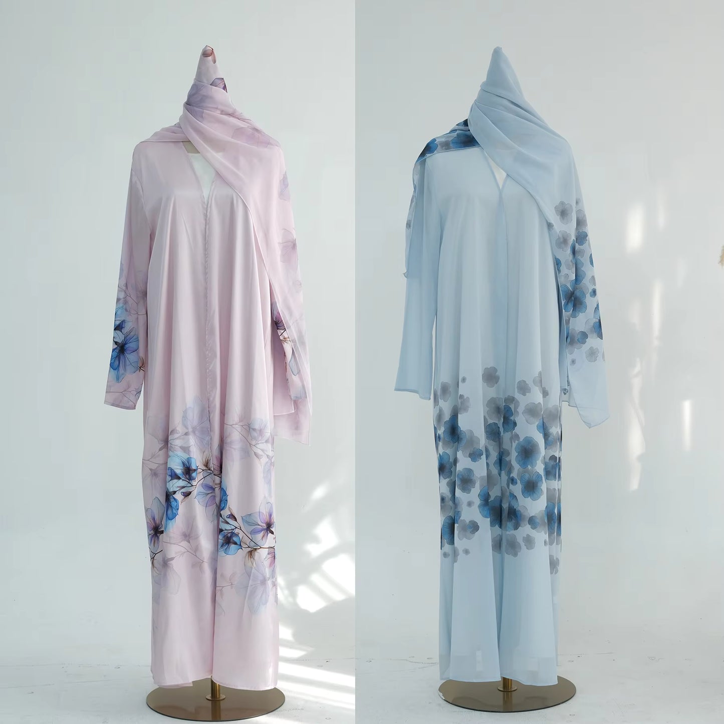 Printed Chiffon & Satin Open Abaya with Hijab – Elegant Ramadan & Eid Modest Dress