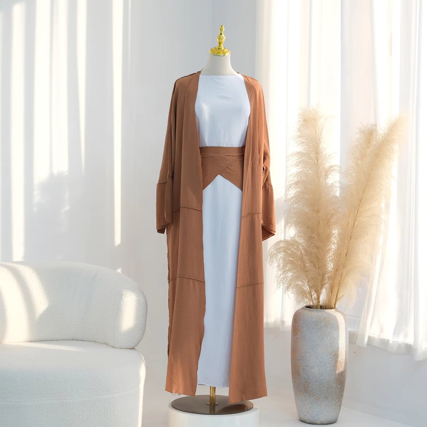2-Piece Open Abaya Set – Daily Wear Muslim Dress with Wrap
