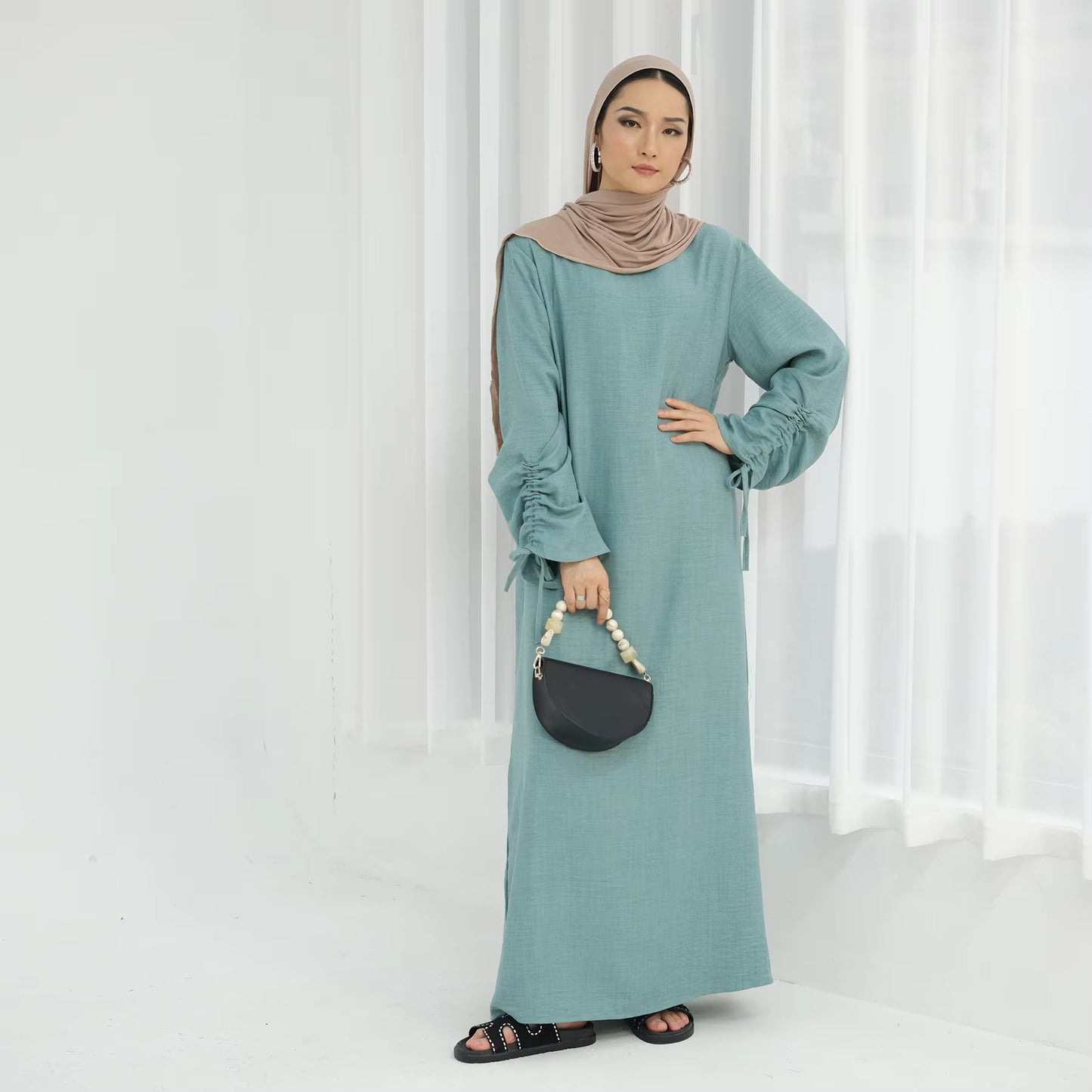 Nura Ruched Sleeve Closed Abaya – Breathable Everyday Modest Dress
