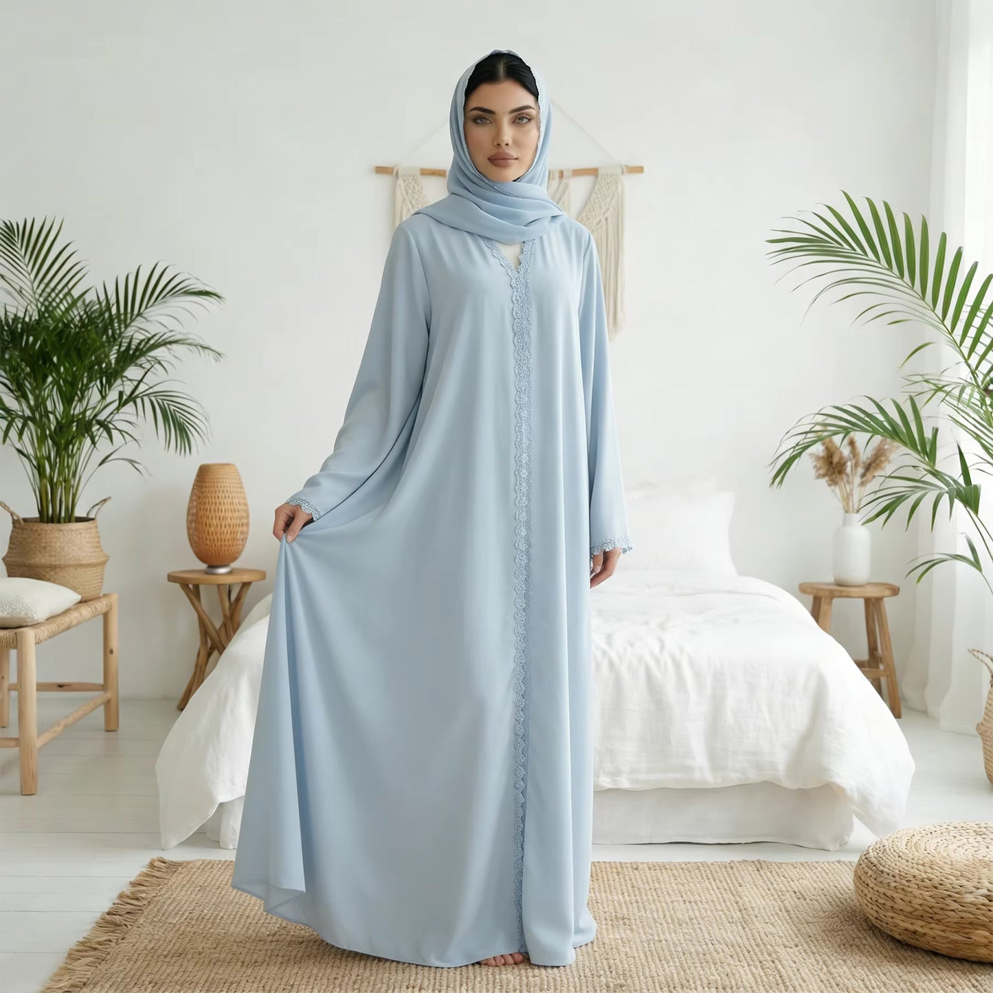 Nida Lace Flower Open Abaya with Hijab