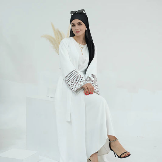 White Embroidered Open Abaya Kimono for Women – Modest Long Sleeve Islamic Dress