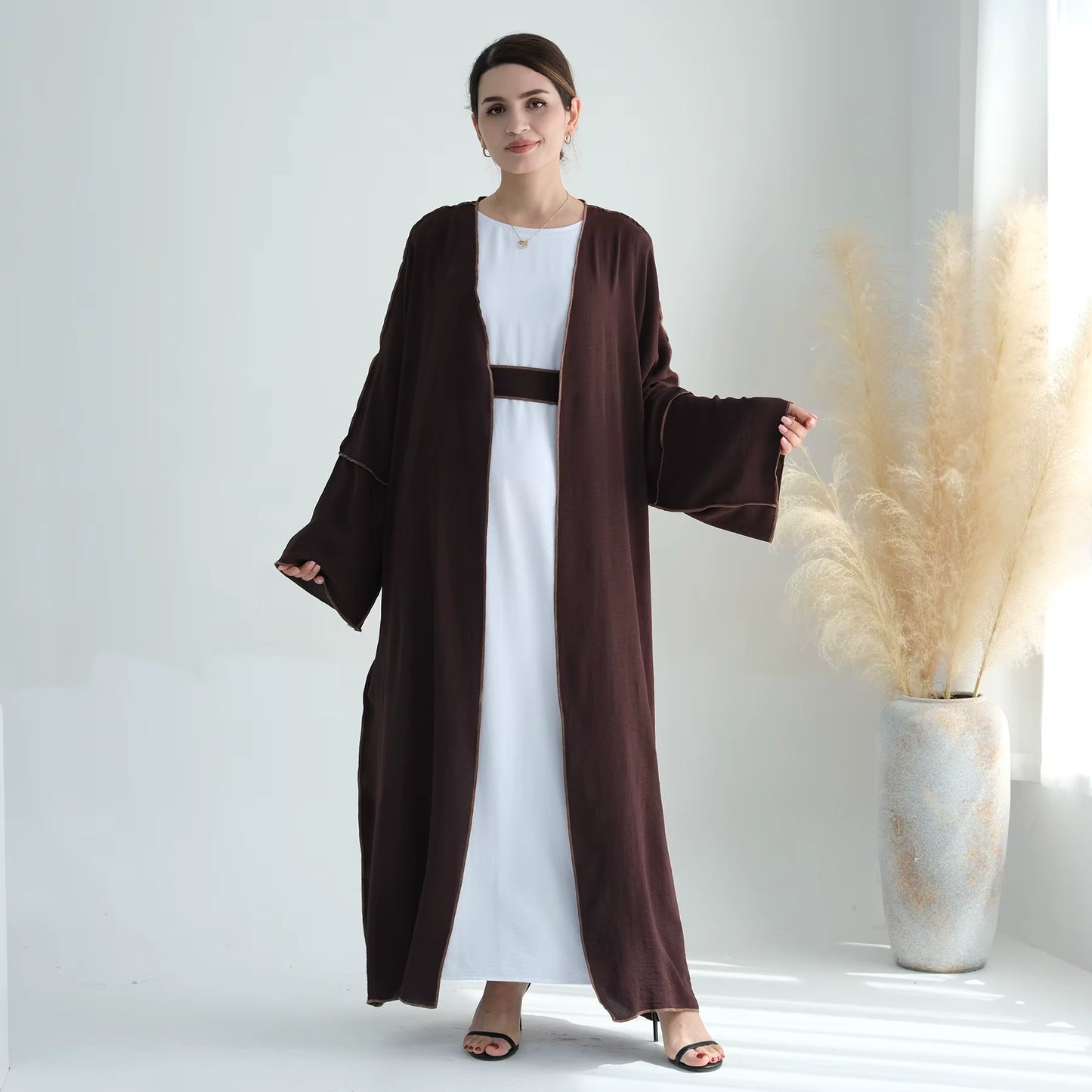 Modest 2-Piece Abaya Set – Soft Crepe Open Front Kimono Cardigan with Hijab Scarf
