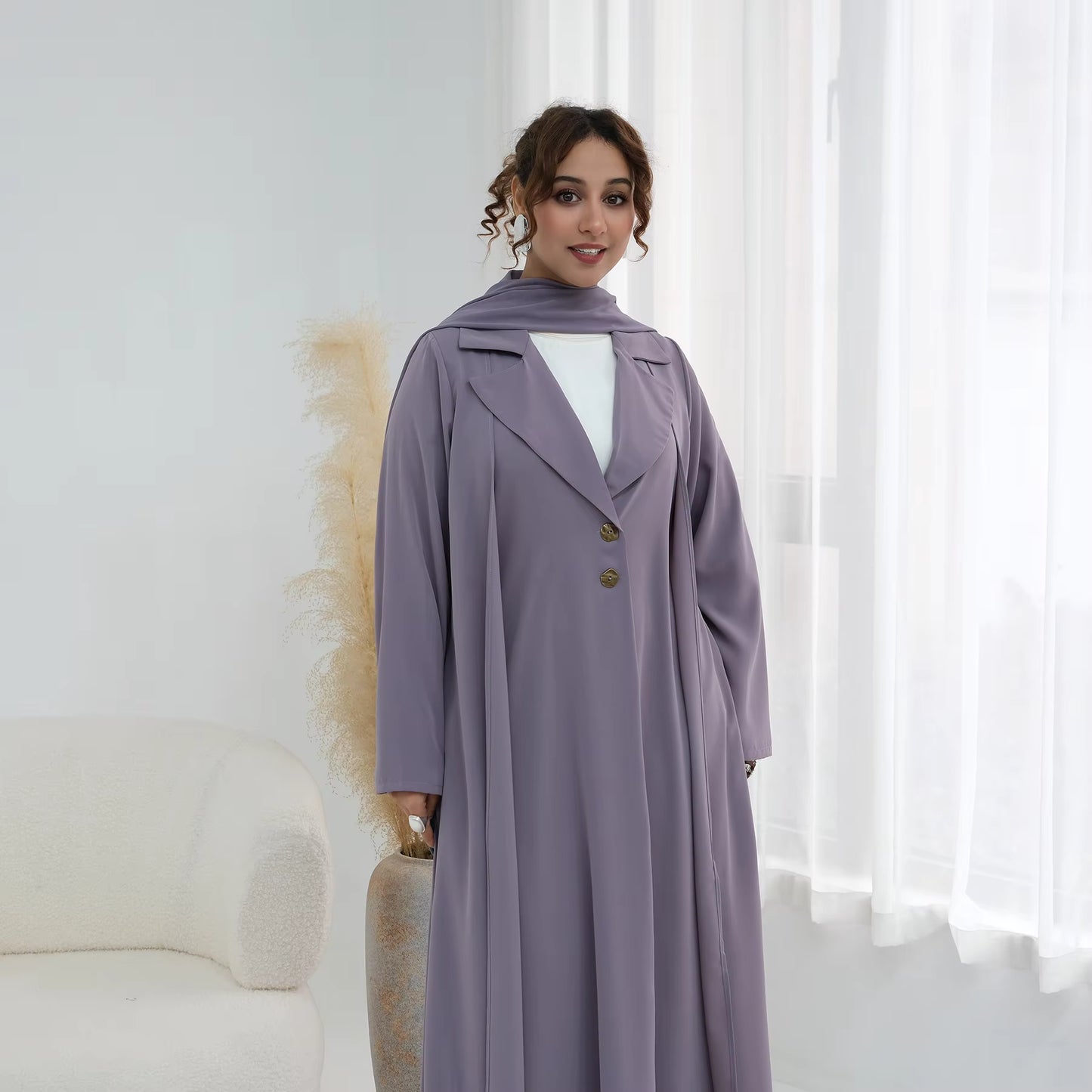 Nura Elegant Front Open Abaya Coat with Chiffon Hijab – 2 Piece Modest Set
