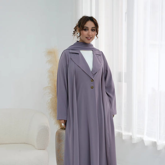 Nura Elegant Front Open Abaya Coat with Chiffon Hijab – 2 Piece Modest Set