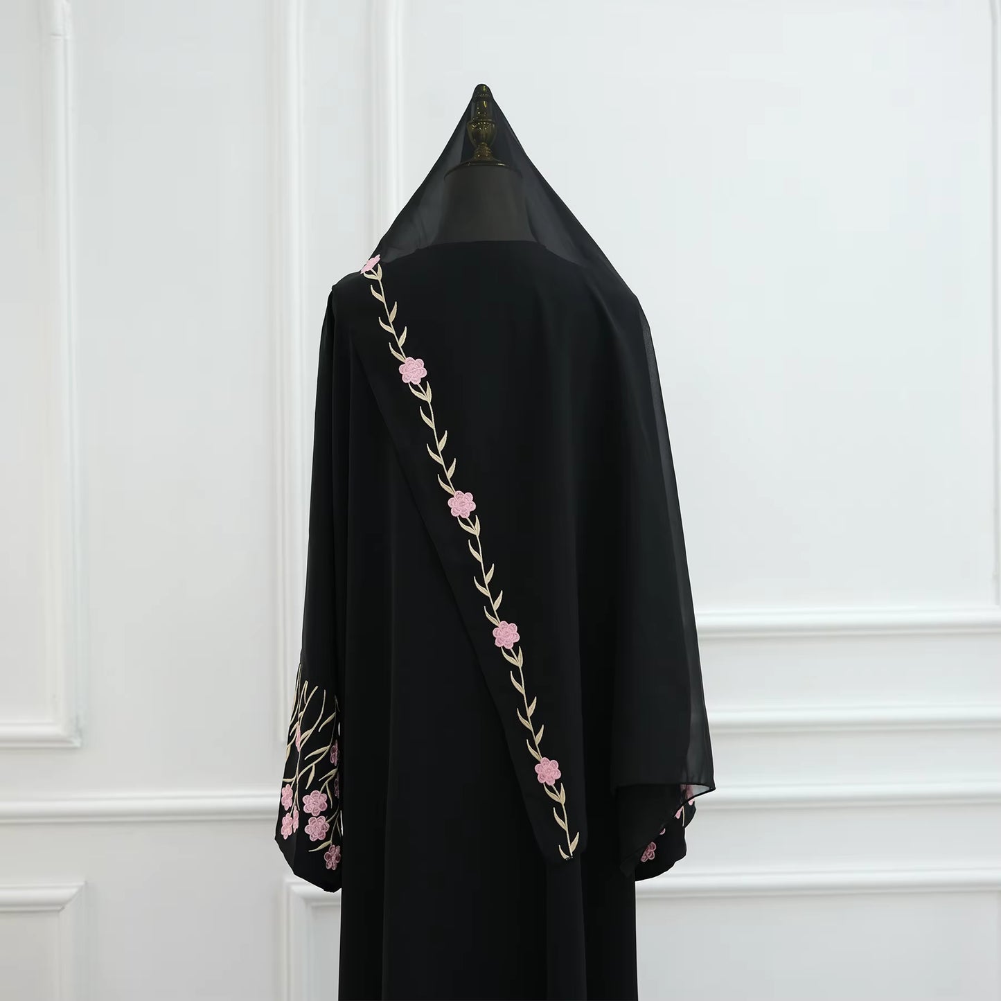 Loriya Floral Embroidered Open Abaya Set – 2PCS Modest Islamic Dress with Hijab