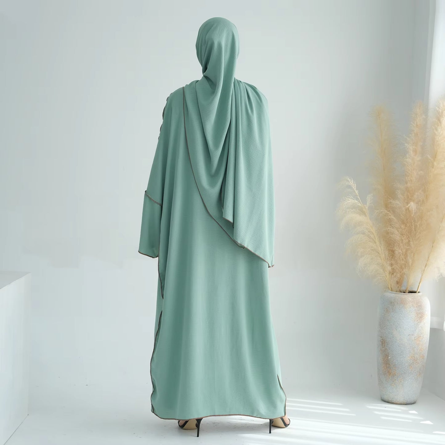 Modest 2-Piece Abaya Set – Soft Crepe Open Front Kimono Cardigan with Hijab Scarf