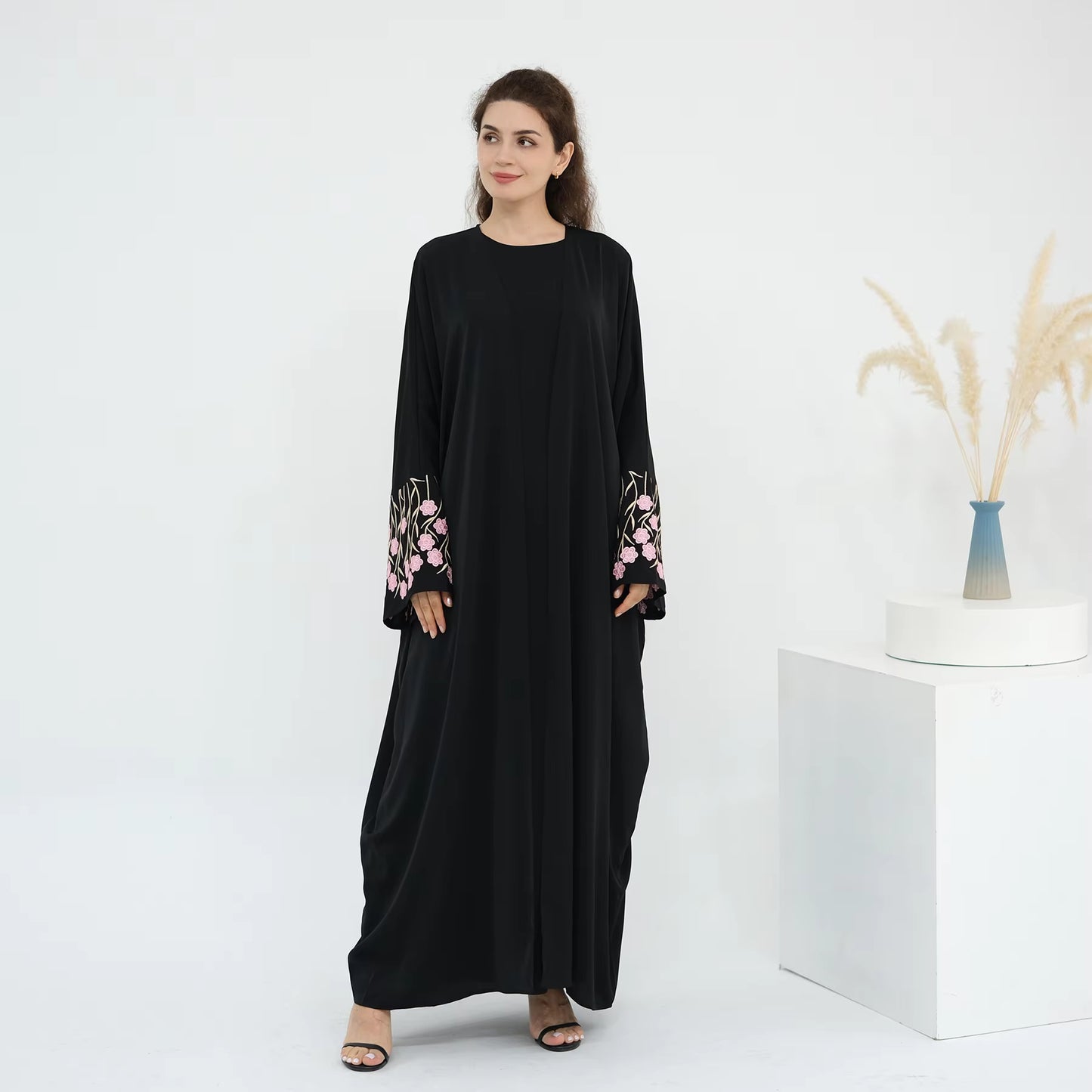 Loriya Floral Embroidered Open Abaya Set – 2PCS Modest Islamic Dress with Hijab
