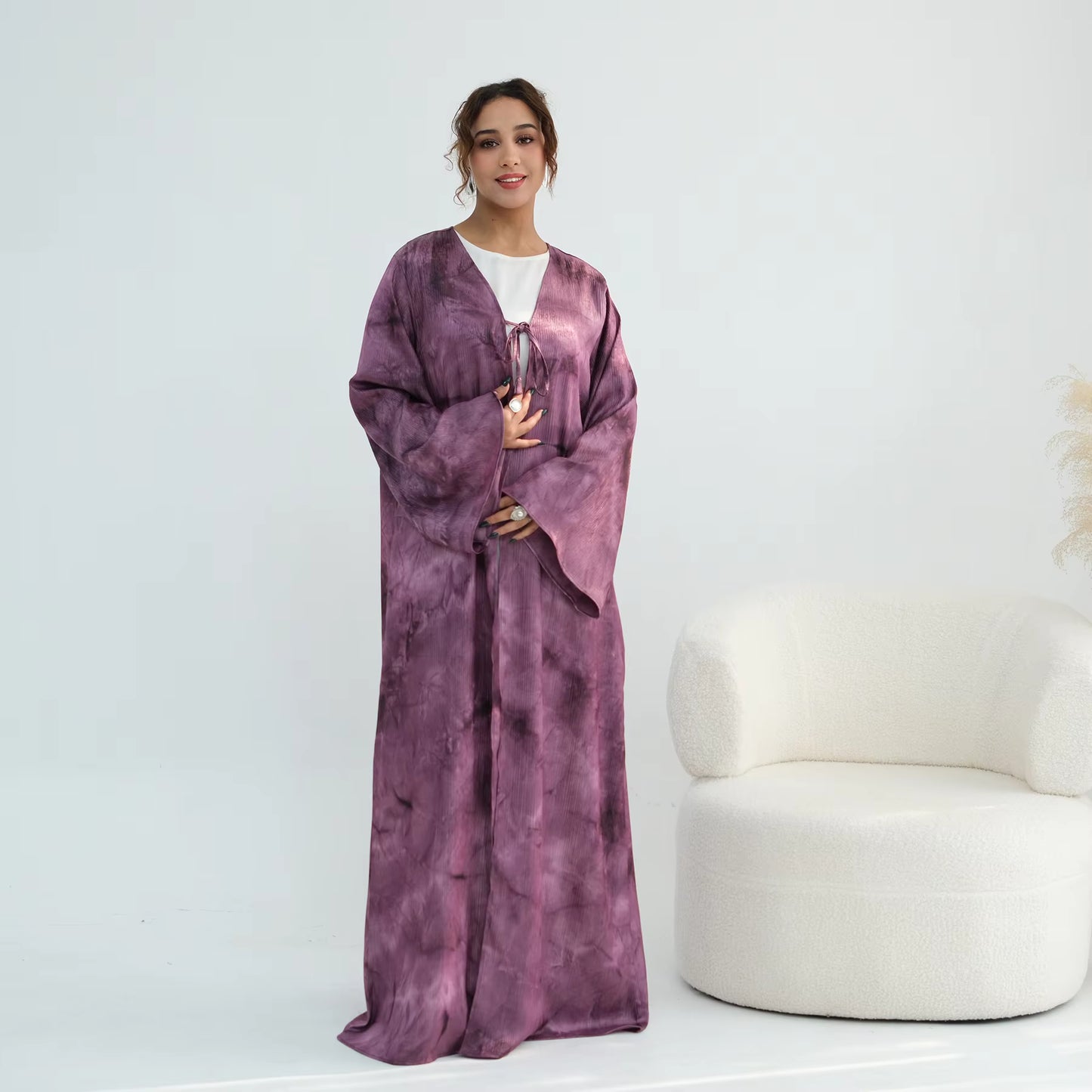 Satin Marble Print Abaya with Bow Tie Detail